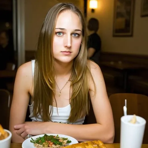 RAW photo, a photo of leelee sobieski, long haircut, pale skin, slim body, sitting at a table in a restaraunt, (high detailed skin:1.2), 8k uhd, dslr, soft lighting, high quality, film grain, Fujifilm XT3 <lora:leelee sobieski v1.1:0.9>