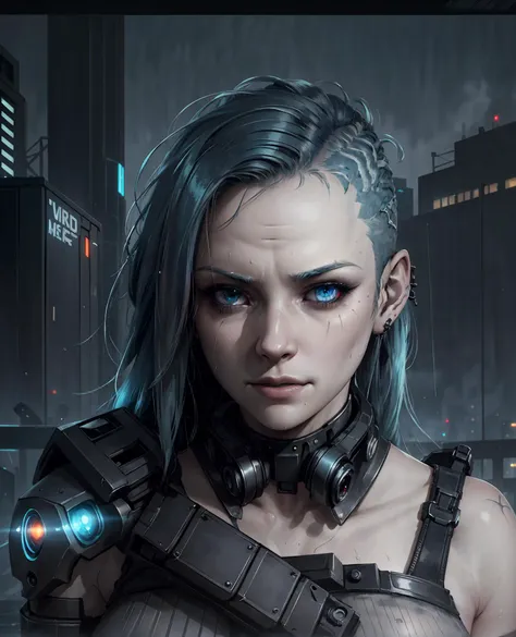 volumetric lighting, moody lighting, best quality, masterpiece, realistic, 1girl,robot, cyberpunk, portrait, mechanical bodyparts ,cyborg ,standing, cityscape, looking at viewer, led lights, screen, blue hair, mechanical eyes,mechanical limbs, scars, perspective, from above, raining, wet, wet hair ,<lora:half_buzzcut_hairstyle:0.5>, half_buzzcut_hairstyle, long hair