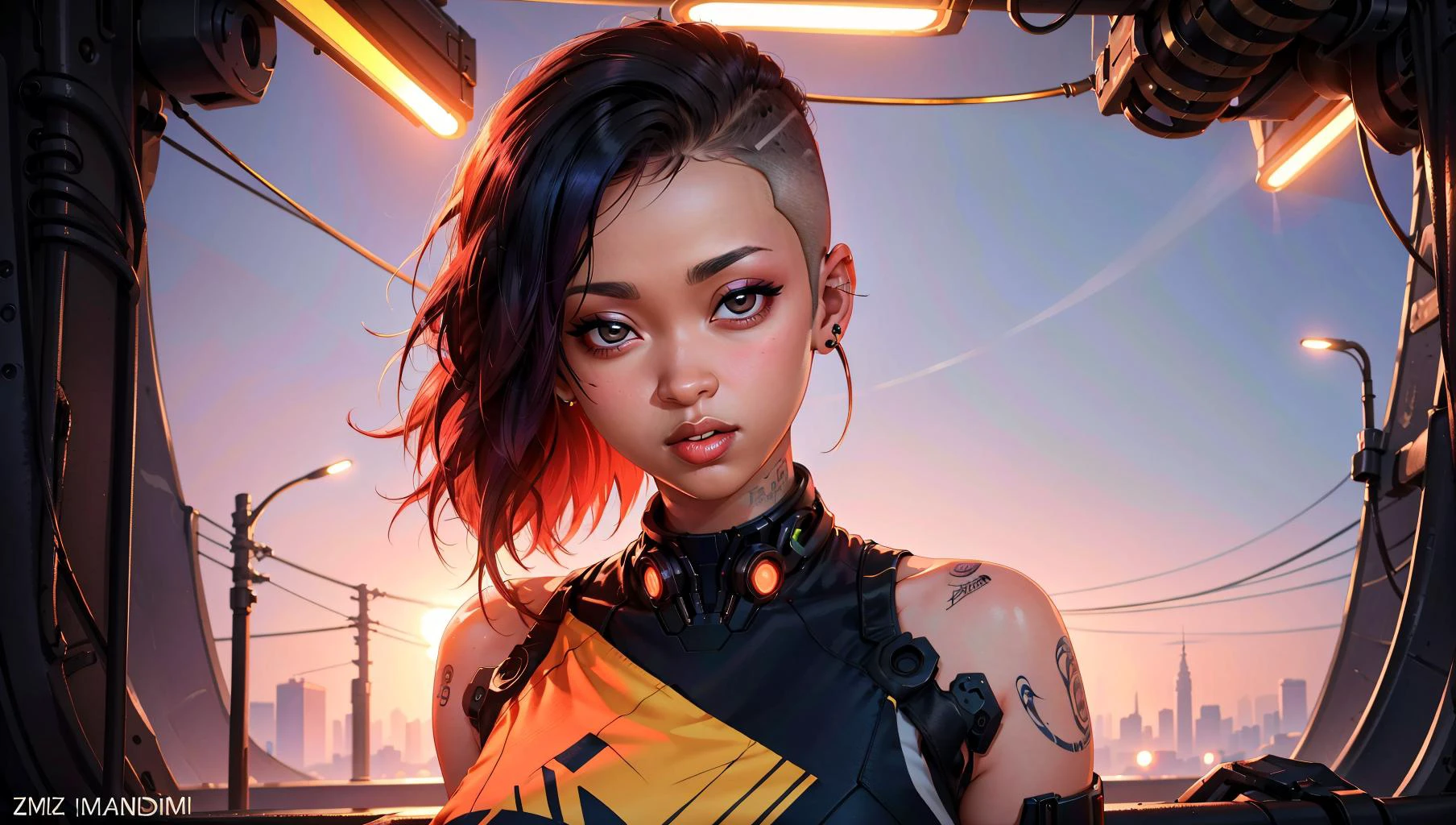 masterpiece, best quality, intricate detail, a cyberpunk-inspired artwork with a futuristic woman as a hacker, immersed in a neon-lit digital realm, skind, <lora:half_buzzcut_hairstyle:0.6> half_buzzcut_hairstyle, cowboy shot, cybernetic implant,