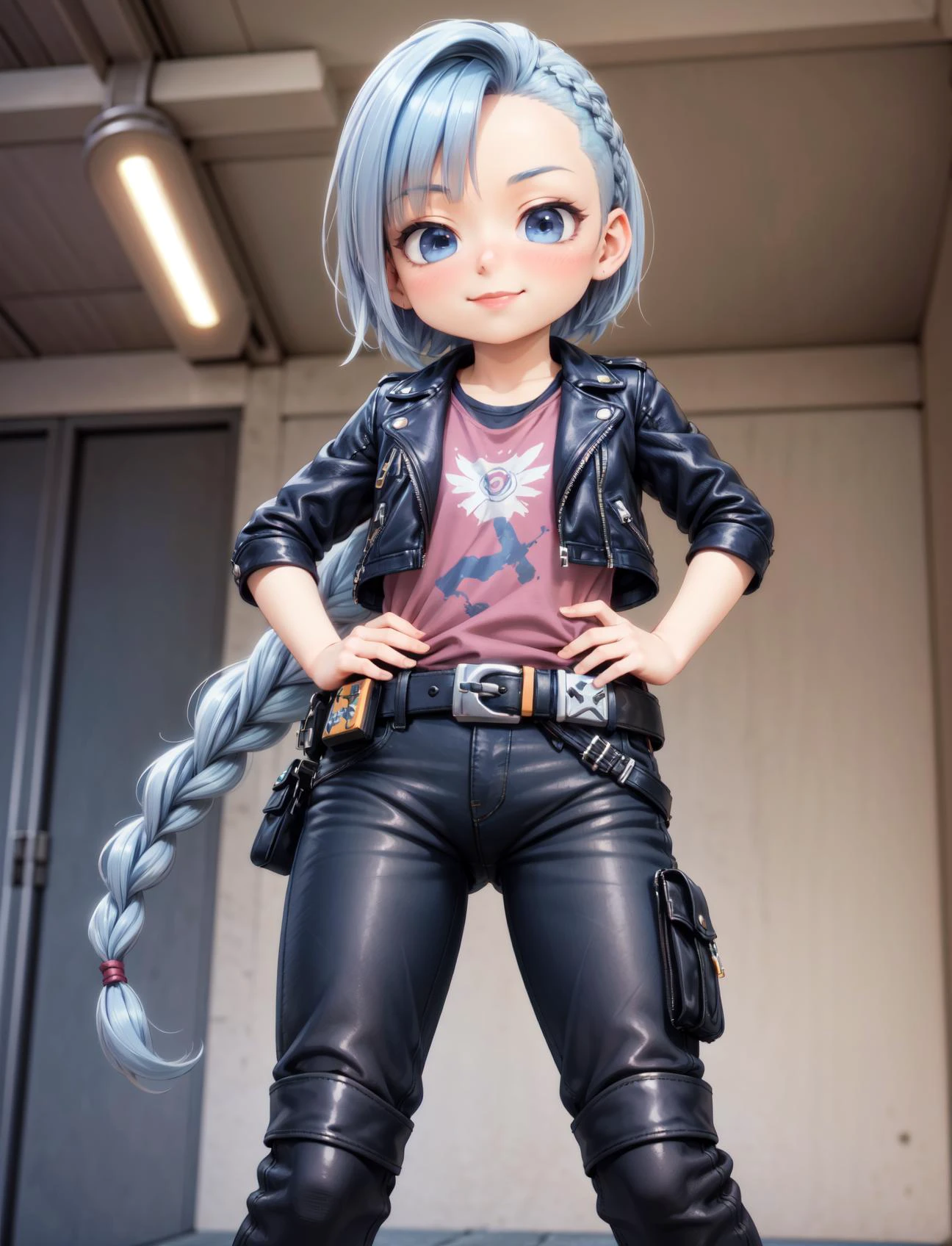 (3d, render, photorealistic),((realistic)),masterpiece, best quality, 1girl , blue hair, cute, biker, leather jacket, standing, leather pants, from below, looking down, smug, smiling, hands on hips, bend forward,ripped pants, braids, dark blue hair, side locks,belt, utility belt,<lora:half_buzzcut_hairstyle:0.4> half_buzzcut_hairstyle