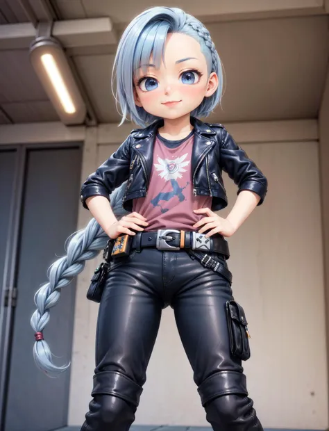 (3d, render, photorealistic),((realistic)),masterpiece, best quality, 1girl , blue hair, cute, biker, leather jacket, standing, leather pants, from below, looking down, smug, smiling, hands on hips, bend forward,ripped pants, braids, dark blue hair, side locks,belt, utility belt,<lora:half_buzzcut_hairstyle:0.4> half_buzzcut_hairstyle