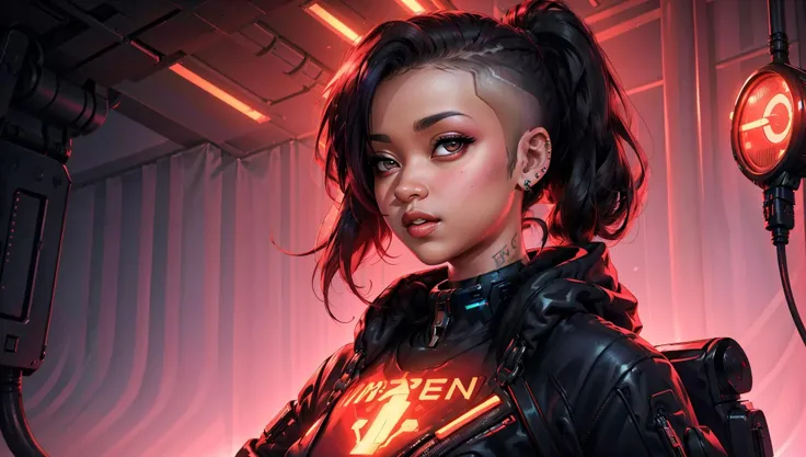 masterpiece, best quality, intricate detail, a cyberpunk-inspired artwork with a futuristic woman as a hacker, immersed in a neon-lit digital realm, skind, <lora:half_buzzcut_hairstyle:0.6> half_buzzcut_hairstyle, cowboy shot, cybernetic implant,