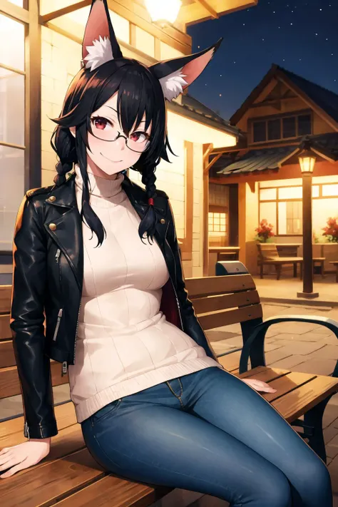 1girl, solo, sidelocks, twinbraids, black hair, red eyes, smug, smirk, glasses, sitting, bench, partk, at night, long hair, white sweater,( leather jacket, black jacket:1.2), fox girl, fox ears, fox tail, jeans, black tail, skindentation,  <lora:Kurotama-Style-v1-000015:1>