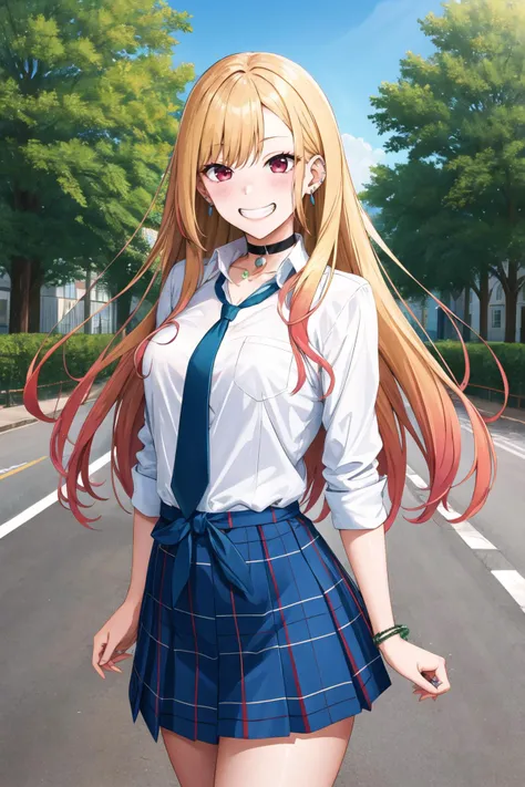 masterpiece, best quality, highres, kitagawa marin, 1girl, blonde hair, long hair, multicolored hair, red eyes, jewelry, earrings, piercing, school uniform, white shirt, tied shirt, black choker, blue necktie, plaid skirt, <lora:kitagawa_marin_v1-1:0.7>, grin, smile, standing, cowboy shot, outdoors,<lora:Kurotama-Style-v1-000015:1>