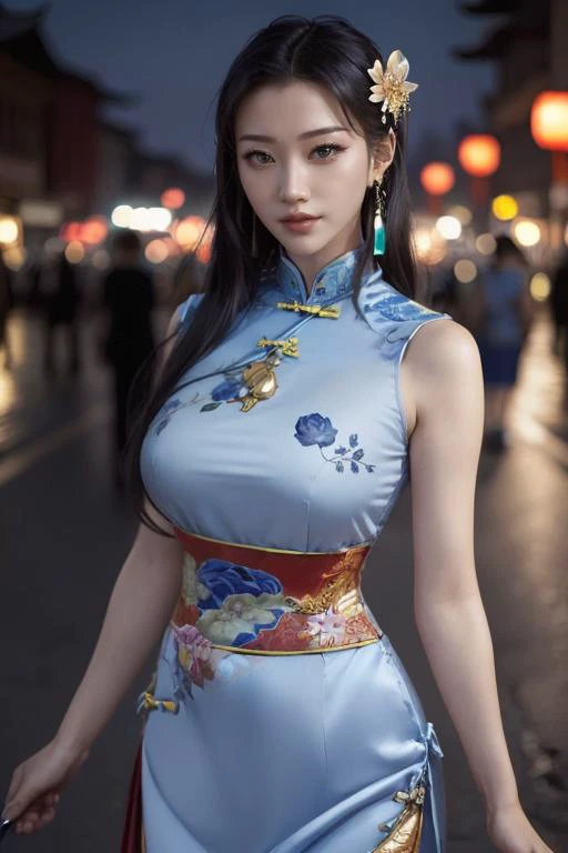 (flirtatious ,seductive:1.4),(RAW photo:1.2),(photorealistic:1.6),(lens 135mm,f1.8:1.2),(ultimate quality, masterpiece:1.3),(intricate details:1.2,(detailed face:1.2),dramatic,photograph,(upper body:1.6),Sharp focus,
(1girl,solo,night time,outdoors,street,looking at viewer,chinese dress:1.6) confident smile,beautful face,(large breasts, narrow waist),sexy body,perfect body,pov legs,shiny hairs,hair ornament,earrings,necklace,jewelry,
<lora:æ¯çgirlslike_jt:0.8:lbw=FACE>,