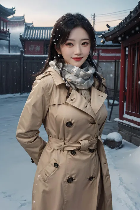 (4k, best quality, highres, absurdres, masterpiece:1.21), (realistic:1.331), detailed and intricate, 
cinema light, (authentic skin texture:1.3), 
1girl, perfect body, medium breasts, shiny skin, 
light smile, arms behind back, 
scarf, trench_coat, 
chinese style architecture, snowing, snowflakes, winter, lamp, 
<lora:add_detail:0.3>, <lora:girlslike_jt:0.8>