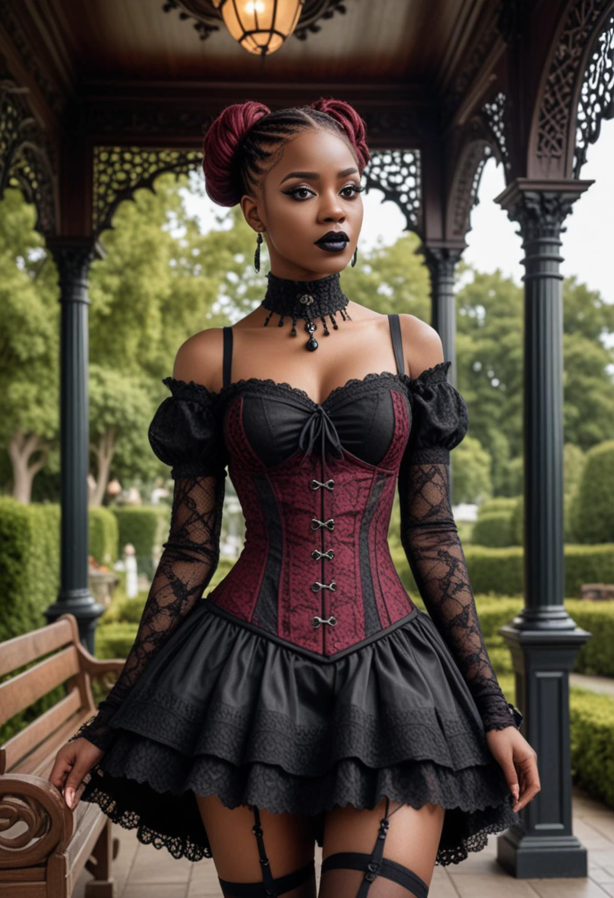 (medium full shot) of (esthetic gothic maiden) young woman, african, dark skin, black eyes, lithe build, short brown pigtails hair, wearing Victorian-inspired ensemble in black lace, corseted dress, fishnet stockings, lace-up boots, Dark burgundy lipstick, heavy black eyeliner, silver eyeshadow accents, pale skin, dark nail polish, set in Victorian Bandstand, Elaborate bandstand adorned with intricate wood carvings, surrounded by neatly trimmed hedgerows, rows of wooden benches facing the stage, towering cypress trees providing shade and a sense of intimacy , woman surprised, open mouth, running toward the viewer, Masterpiece,best quality, photo, realistic, very aesthetic, detailed face,