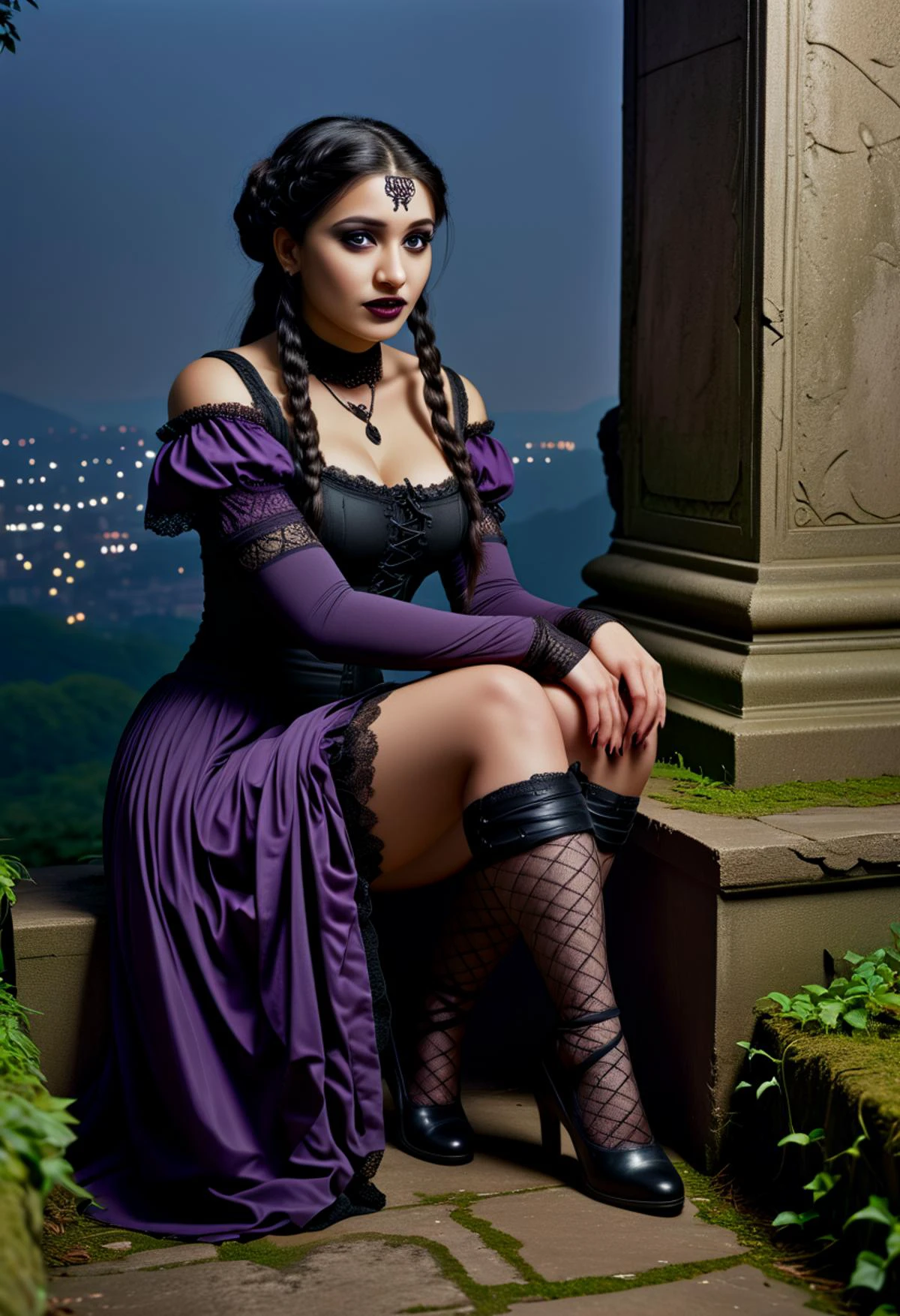 (medium full shot) of (desirable young woman:1.1) gothic maiden, indian with dark hair in a braid, brown eyes, darker skin tone, curvy, wearing Victorian governess costume featuring a black fitted dress, lace cuffs, striped stockings, Mary Jane shoes, Deep purple lipstick, dramatic dark eyeshadow with purple accents, winged eyeliner, pale foundation, black nail polish, laughing, squatting, set in Necropolis Overlook, Elevated plateau offering panoramic views of ancient tombs below, weather-worn stone pillars marking the skyline, a solitary stone altar draped in moss, winding ivy-covered staircases descending into the abyss , at night, ,Masterpiece,best quality, photorealistic, amazing quality, very aesthetic, extremely detailed face,