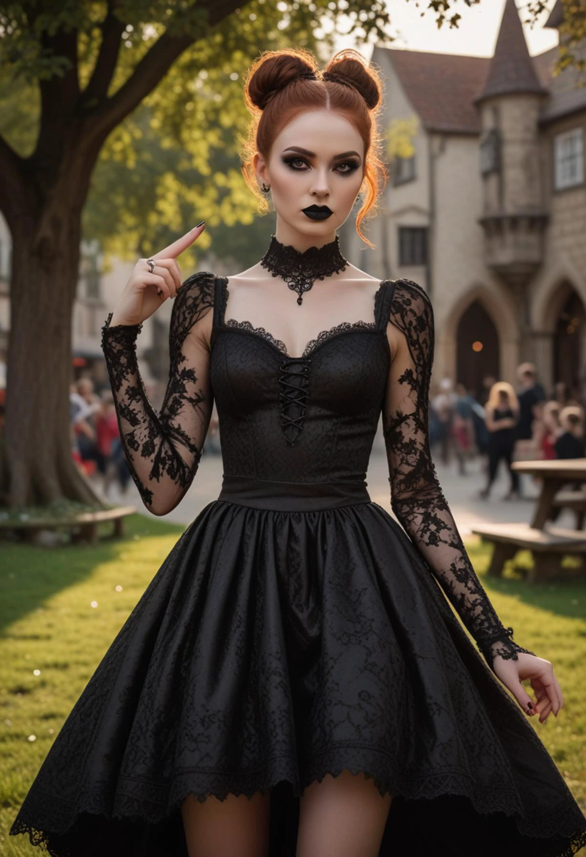 ((fashion photography)), perfect face, perfect eyes, (medium full shot) of (angelic gothic maiden) young woman, black american, dark eyes, dark skin, dark skin, brown eyes, Average, extra long ginger bun hair, wearing Elvira-inspired dress in midnight black, form-fitting silhouette, lace stockings, high-heeled pumps, Black lipstick with glitter, dramatic smoky eyes with glitter accents, winged eyeliner, pale skin, black nail polish with glitter, set in medieval Town Square, Open space bustling with activity, children playing tag on the grass, a well with a bucket dangling from a rope, benches shaded by leafy trees, a patch of herbs growing near the edge, a wooden stage set up for performances , at sunset, surprised, open mouth, pointing her finger at the viewer, masterpiece, best quality, photorealistic, very aesthetic