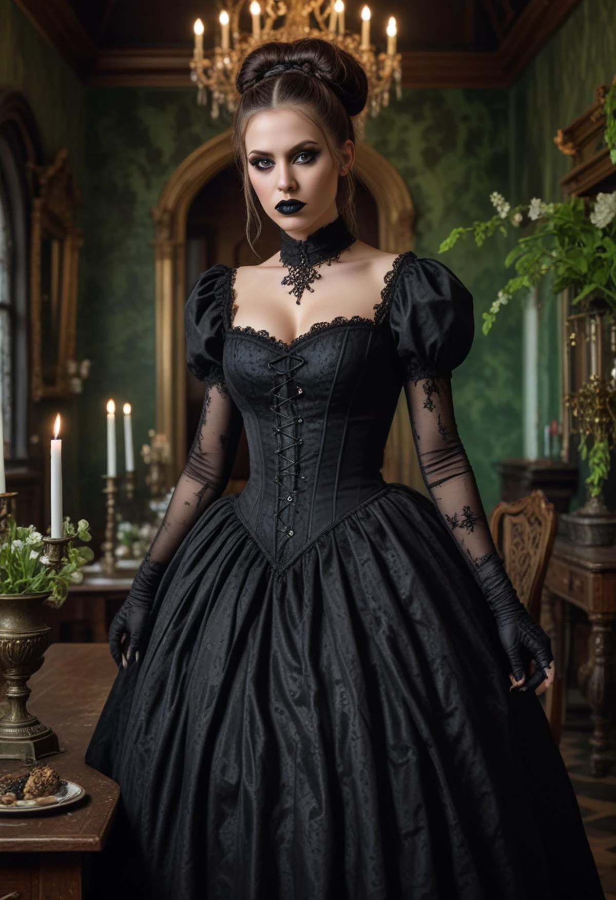 ((fashion photography)), perfect face, perfect eyes, (medium full shot) of (attractive gothic maiden) young woman, italian, green eyes, tan skin, tan skin, dark green eyes, voluptuous, long hazel bun hair, wearing Victorian asylum patient costume with a tattered black gown, institutional stockings, canvas shoes, Black lipstick with glitter, dramatic smoky eyes with glitter accents, winged eyeliner, pale skin, black nail polish with glitter, set in haunted mansion Dining Hall, Gloomy space with a long, tarnished dining table set with rotting tableware, cobweb-covered candelabras flickering dimly, a crumbling buffet adorned with wilting flowers, overgrown vines creeping up the walls , at night, surprised, open mouth, running toward the viewer, masterpiece, best quality, photorealistic, very aesthetic