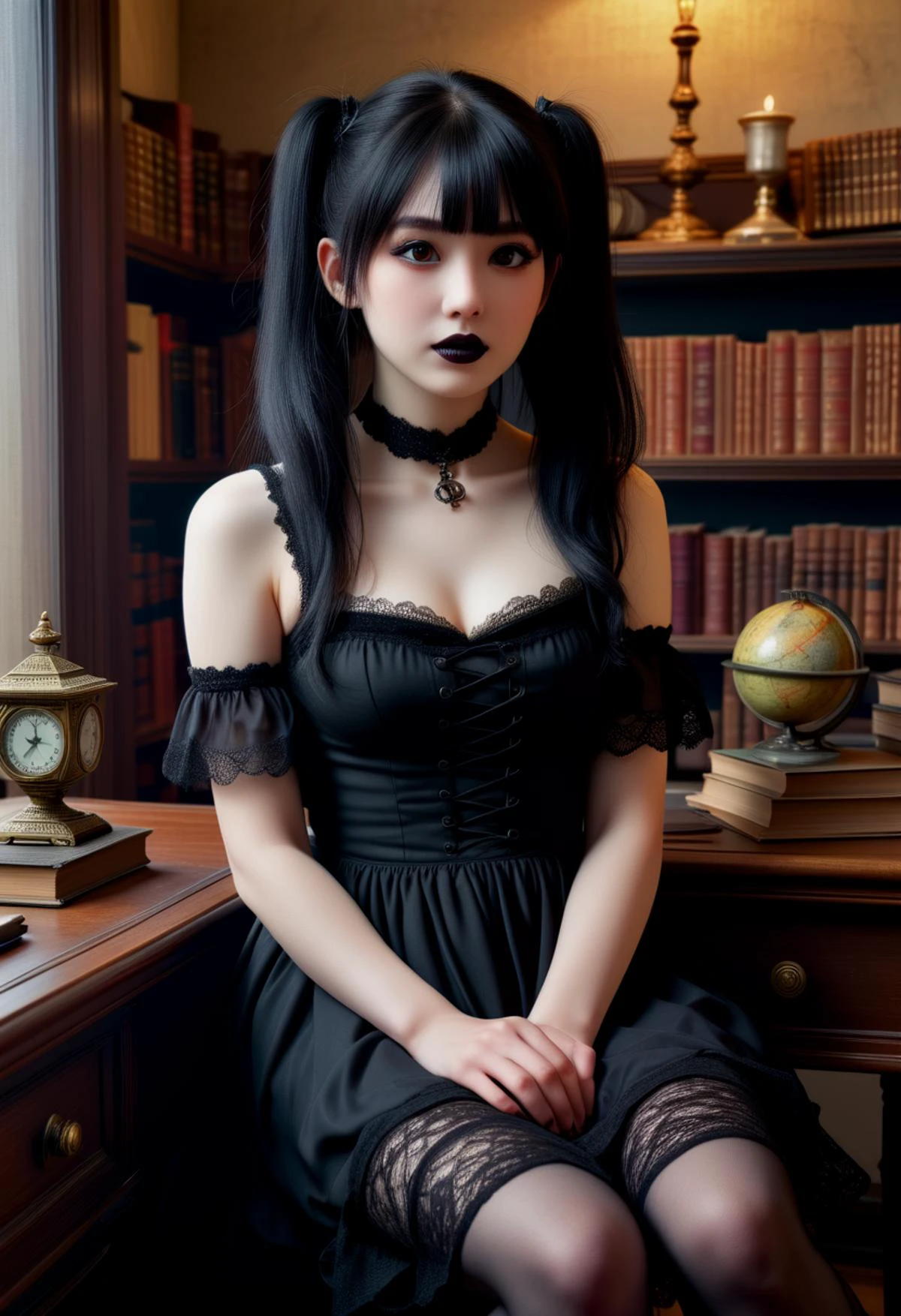 (medium full shot) of (attractive young woman:1.1) gothic maiden, japanese with black hair styled in twin-tails, dark brown eyes, pale skin, petite, wearing Ghostly maiden outfit with a tattered black dress, ghostly veil, sheer stockings, ballet flats, Black lipstick, smokey eyes with dark eyeshadow, black eyeliner, pale skin, black nail polish, laughing, arms crossed, .set in haunted mansion Study, Musty chamber with a mahogany desk strewn with yellowed parchment, an antique globe covered in dust, shelves lined with cracked leather-bound books, a cobweb-shrouded portrait staring blankly, a flickering oil lamp casting eerie shadows , ,Masterpiece,best quality, photorealistic, amazing quality, very aesthetic, extremely detailed face,