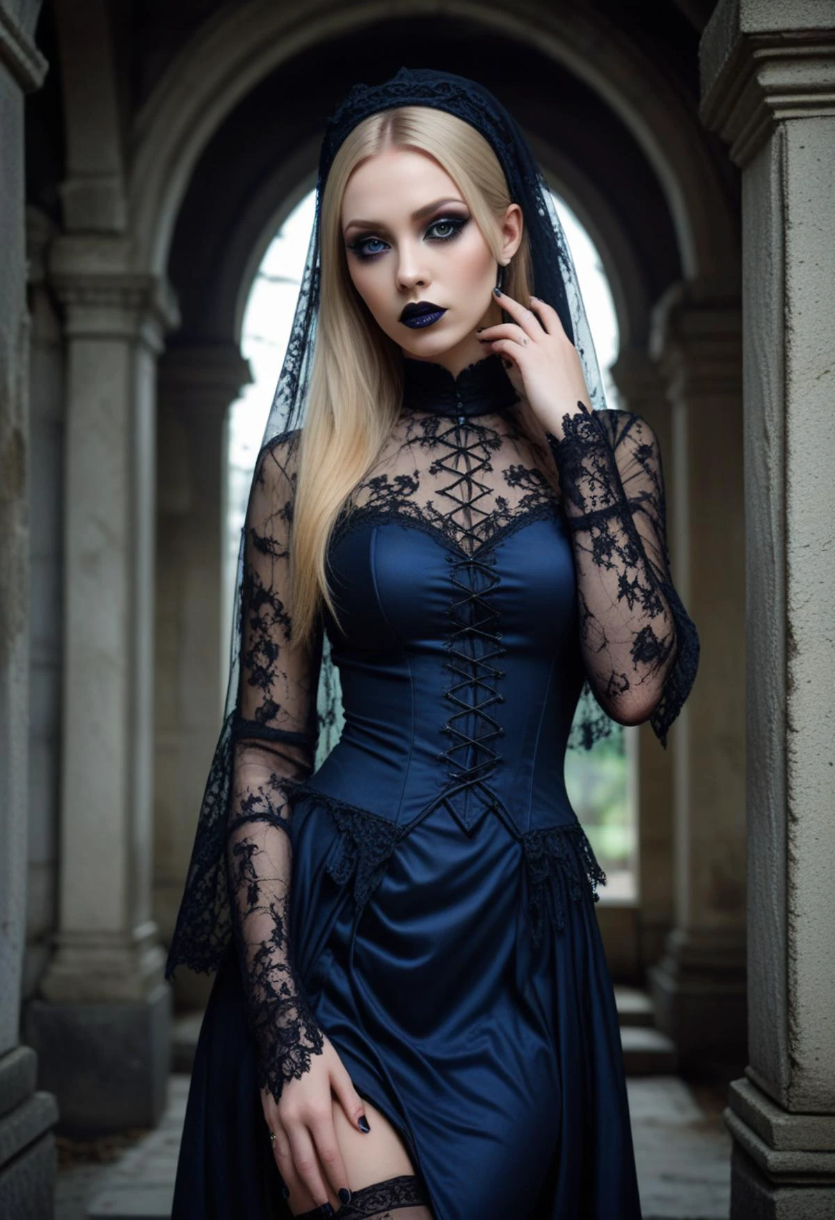 ((fashion photography)), perfect face, perfect eyes, (medium full shot) of (vivacious gothic maiden) young woman, thai, straight hair, brown eyes, light brown skin, tan skin, hazel eyes, Average, long blonde ponytail hair, wearing Victorian mourning attire with a black crepe dress, lace veil, silk stockings, ankle boots, Dark blue lipstick, bold navy blue and black eyeshadow, intricate eyeliner design, pale skin, dark nail polish with blue shimmer, set in ancient cemetery Mausoleum, Shadowy chamber with crumbling stone walls adorned with cobwebs, marble sarcophagi standing sentinel, flickering candlelight casting eerie shadows, a musty scent of decay lingering in the air , surprised, open mouth, pointing her finger at the viewer, masterpiece, best quality, photorealistic, very aesthetic