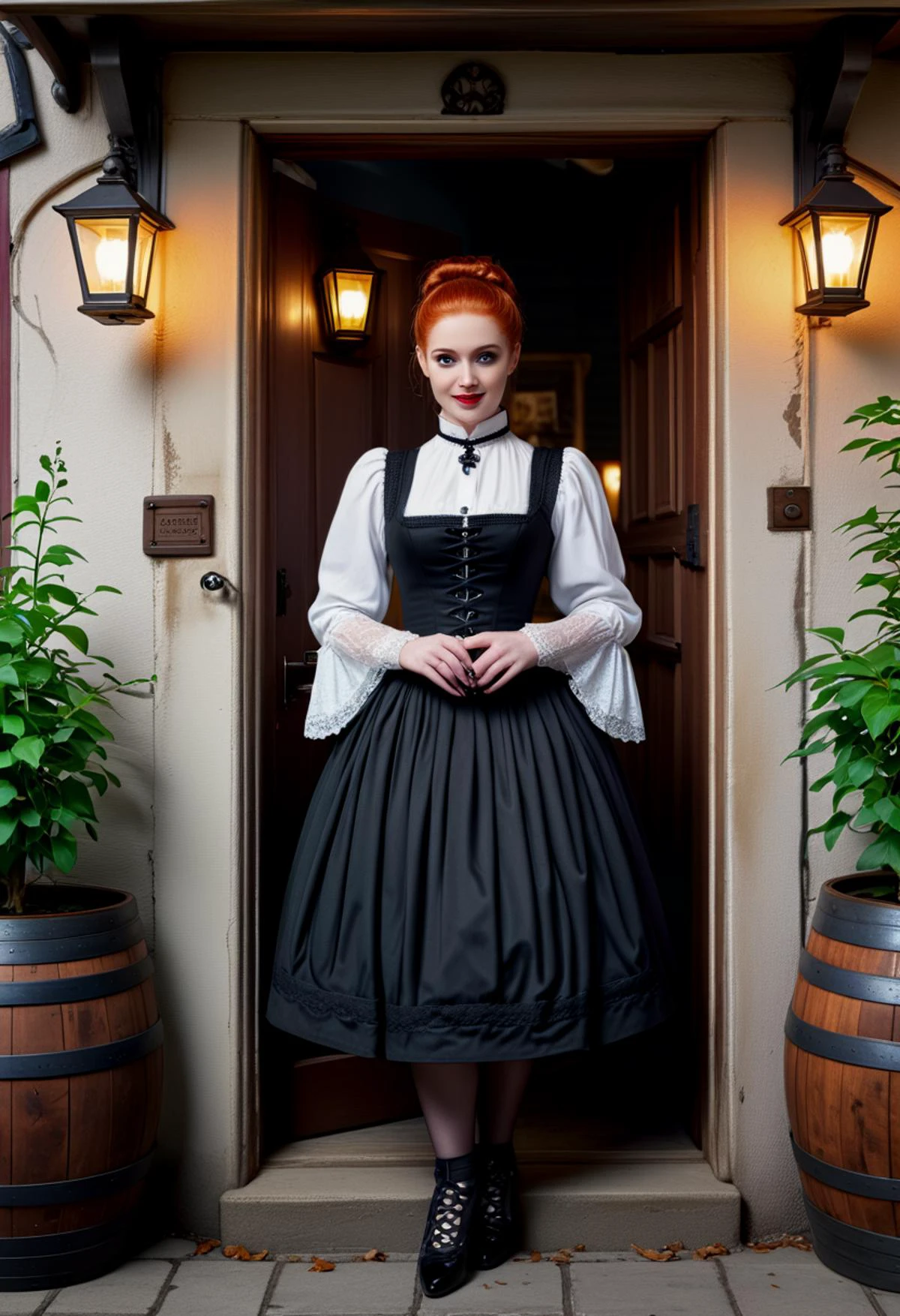(medium full shot) of (gorgeous young woman:1.1) gothic maiden, british with ginger cone hair bun, bright blue eyes, light skin, curvy, wearing Victorian governess costume featuring a black fitted dress, lace cuffs, striped stockings, Mary Jane shoes, Dark burgundy lipstick, heavy black eyeliner, silver eyeshadow accents, pale skin, dark nail polish, smiling at the viewer, .set in medieval Tavern Entrance, Weathered door leading into a lively tavern, hanging lanterns illuminating the doorway, a wooden sign creaking in the breeze, a row of barrels serving as makeshift tables, a creeping vine winding its way around the doorframe , ,Masterpiece,best quality, photorealistic, amazing quality, very aesthetic, extremely detailed face,