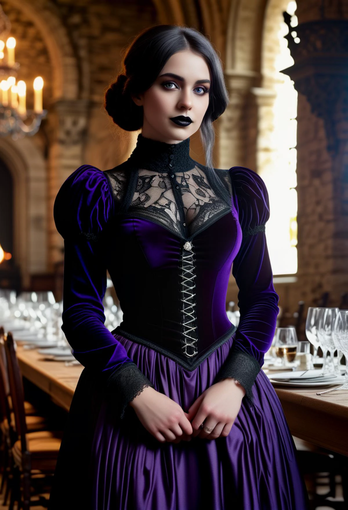 (medium full shot) of (desirable young woman:1.1) gothic maiden, south african with tightly coiled hair, dark eyes, dark skin, curvy, wearing Edwardian gown in deep purple velvet, high-neck blouse, flowing skirt, lace stockings, button-up boots, Black lipstick with silver shimmer, metallic silver eyeshadow, intricate black eyeliner design, pale skin, black nail polish with silver accents, smiling at the viewer, set in ancient castle Great Hall, Majestic room with towering stone walls, a grand chandelier hanging from the ceiling, long wooden banquet tables adorned with fine silverware and goblets, tapestries depicting ancient battles, a roaring fireplace , at night, ,Masterpiece,best quality, photorealistic, amazing quality, very aesthetic, extremely detailed face,