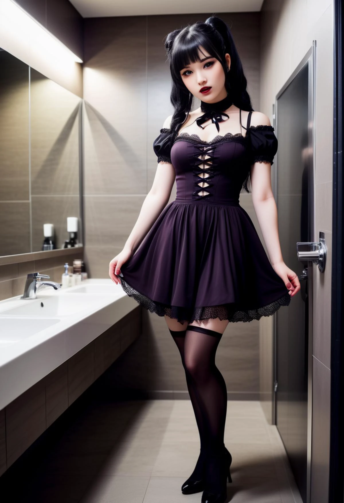 (medium full shot) of (sexy young woman:1.1) gothic maiden, japanese with black hair styled in twin-tails, dark brown eyes, pale skin, petite, wearing Elvira-inspired dress in midnight black, form-fitting silhouette, lace stockings, high-heeled pumps, Deep plum lipstick, intense black eyeshadow with purple undertones, bold eyeliner, pale skin, dark nail polish, smiling at the viewer, .set in public Toilet, Modern, sleek design with motion-sensor lighting, floating sinks with sleek faucets, minimalist stalls with frosted glass doors, recessed toilet paper holders, sleek trash receptacle , at sunset, ,Masterpiece,best quality, photorealistic, amazing quality, very aesthetic, extremely detailed face,