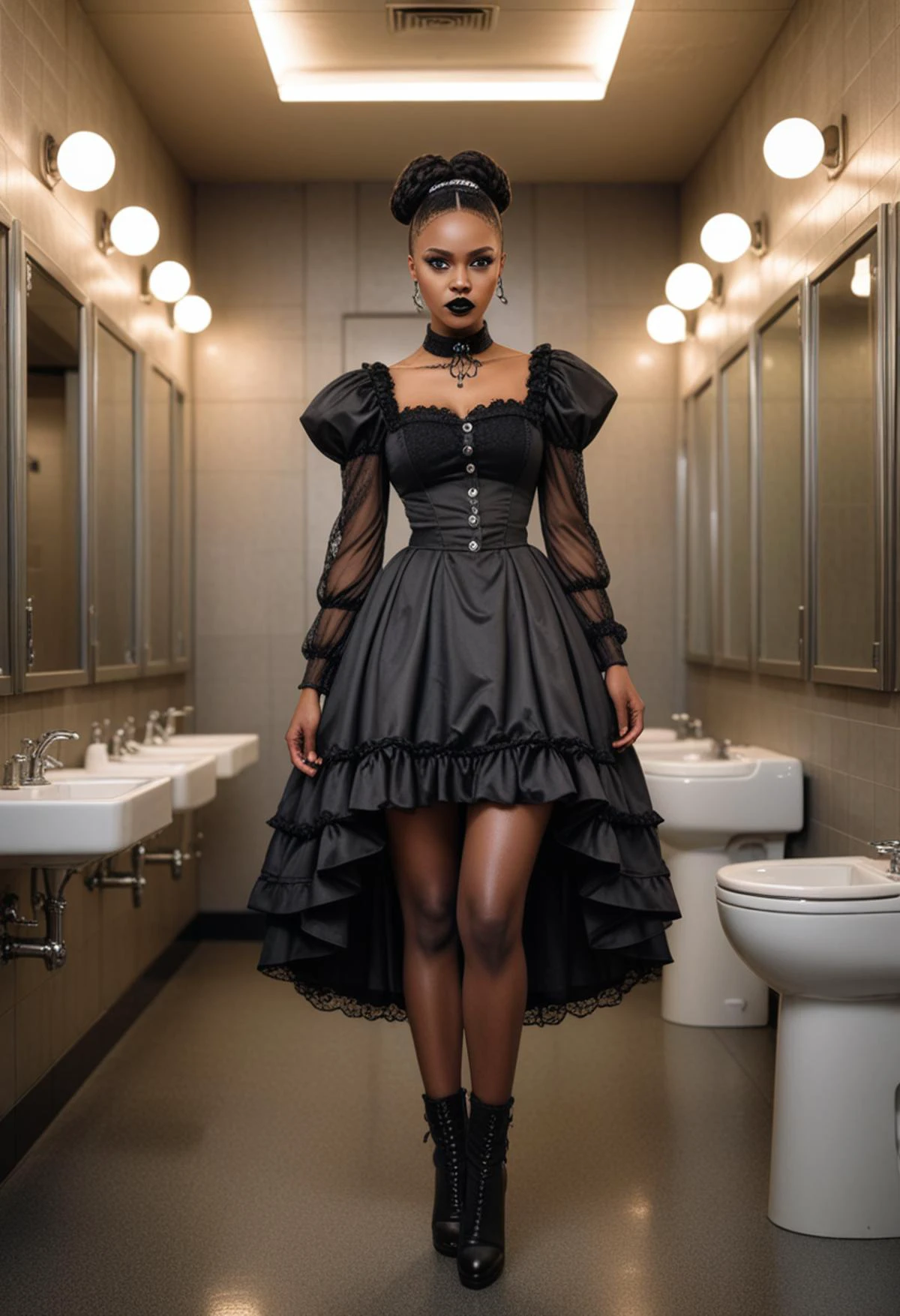(medium full shot) of (supermodel gothic maiden) young woman, south african, dark skin, black eyes, slim build, long brown low bun hair, wearing Victorian doll attire with a frilly dress, lace-trimmed stockings, button-up boots, Black lipstick with glitter, dramatic smoky eyes with glitter accents, winged eyeliner, pale skin, black nail polish with glitter, set in public Toilet, Functional, no-frills space with vinyl flooring, partitioned stalls with stainless steel doors, large industrial-grade hand dryers, wall-mounted soap dispensers, central waste bin , at sunset, woman smiling at the viewer, Masterpiece,best quality, photo, realistic, very aesthetic, detailed face,