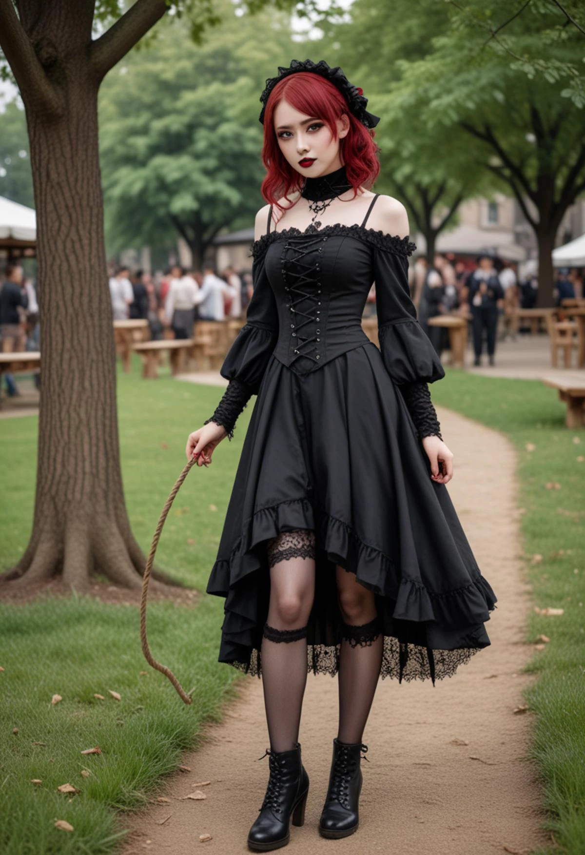 (medium full shot) of (sexy gothic maiden) young woman, japanese, light skin, light brown eyes, tiny build, medium red side-swept hair, wearing Victorian mourning attire with a black crepe dress, lace veil, silk stockings, ankle boots, Black lipstick, smokey eyes with dark eyeshadow, black eyeliner, pale skin, black nail polish, set in medieval Town Square, Open space bustling with activity, children playing tag on the grass, a well with a bucket dangling from a rope, benches shaded by leafy trees, a patch of herbs growing near the edge, a wooden stage set up for performances , at night, woman surprised, open mouth, pointing her finger at the viewer, Masterpiece,best quality, photo, realistic, very aesthetic, detailed face,