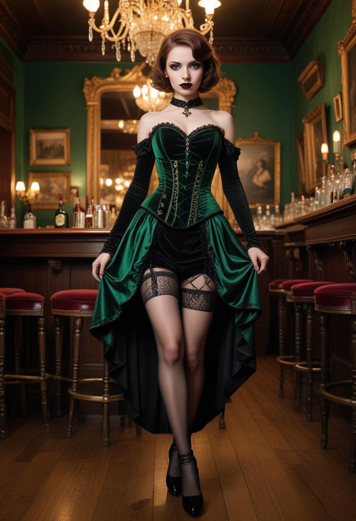 ((fashion photography)), perfect face, perfect eyes, (medium full shot) of (desirable gothic maiden) young woman, french, bright green eyes, light skin, tan skin, brown eyes, slim, short dark retro hair, wearing Dark princess ensemble featuring a black velvet gown, jeweled corset, lace stockings, velvet pumps, Dark green lipstick, deep green and black eyeshadow, bold eyeliner, pale skin, dark nail polish with green shimmer, set in gothic Bar main Area, Dimly lit space with worn wooden floors, ornate Victorian-style bar with brass accents, velvet-upholstered bar stools, antique chandeliers hanging from the ceiling, vintage paintings adorning the walls , at sunset, smiling at the viewer, masterpiece, best quality, photorealistic, very aesthetic