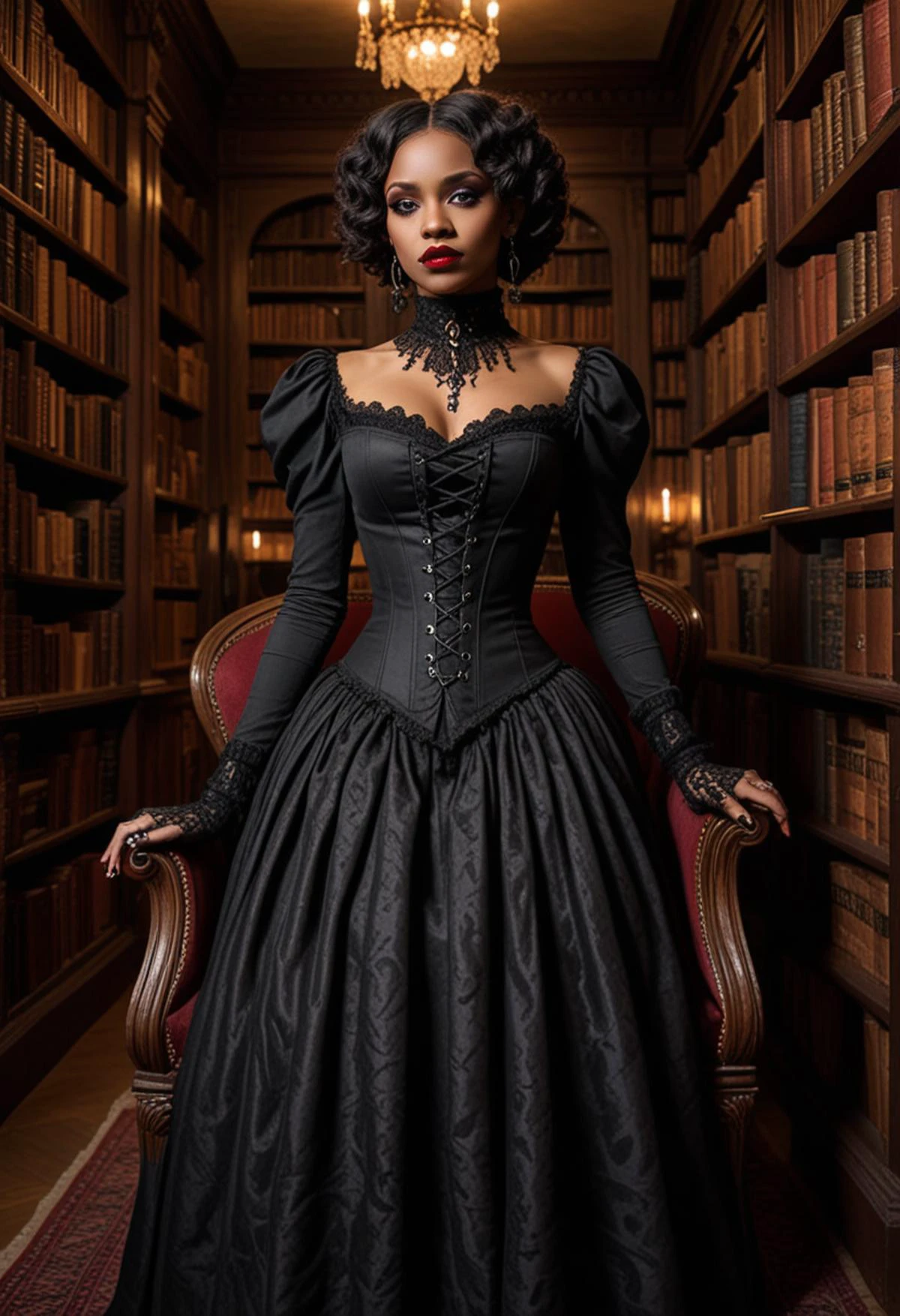 (medium full shot) of (gorgeous gothic maiden) young woman, black american, dark skin, black eyes, slim build, short brown curly down hair, wearing Victorian mourning dress in jet black, high-neck lace blouse, ankle-length skirt, lace-up Victorian boots, Dark crimson lipstick, dramatic red and black eyeshadow, thick eyeliner, pale skin, dark nail polish with red accents, set in haunted mansion Library, Shadowy chamber with rows of dusty bookshelves, leather-bound tomes with yellowed pages, a cracked marble fireplace, moth-eaten armchairs, twisted vines winding through the shelves , at night, woman surprised, open mouth, pointing her finger at the viewer, Masterpiece,best quality, photo, realistic, very aesthetic, detailed face,