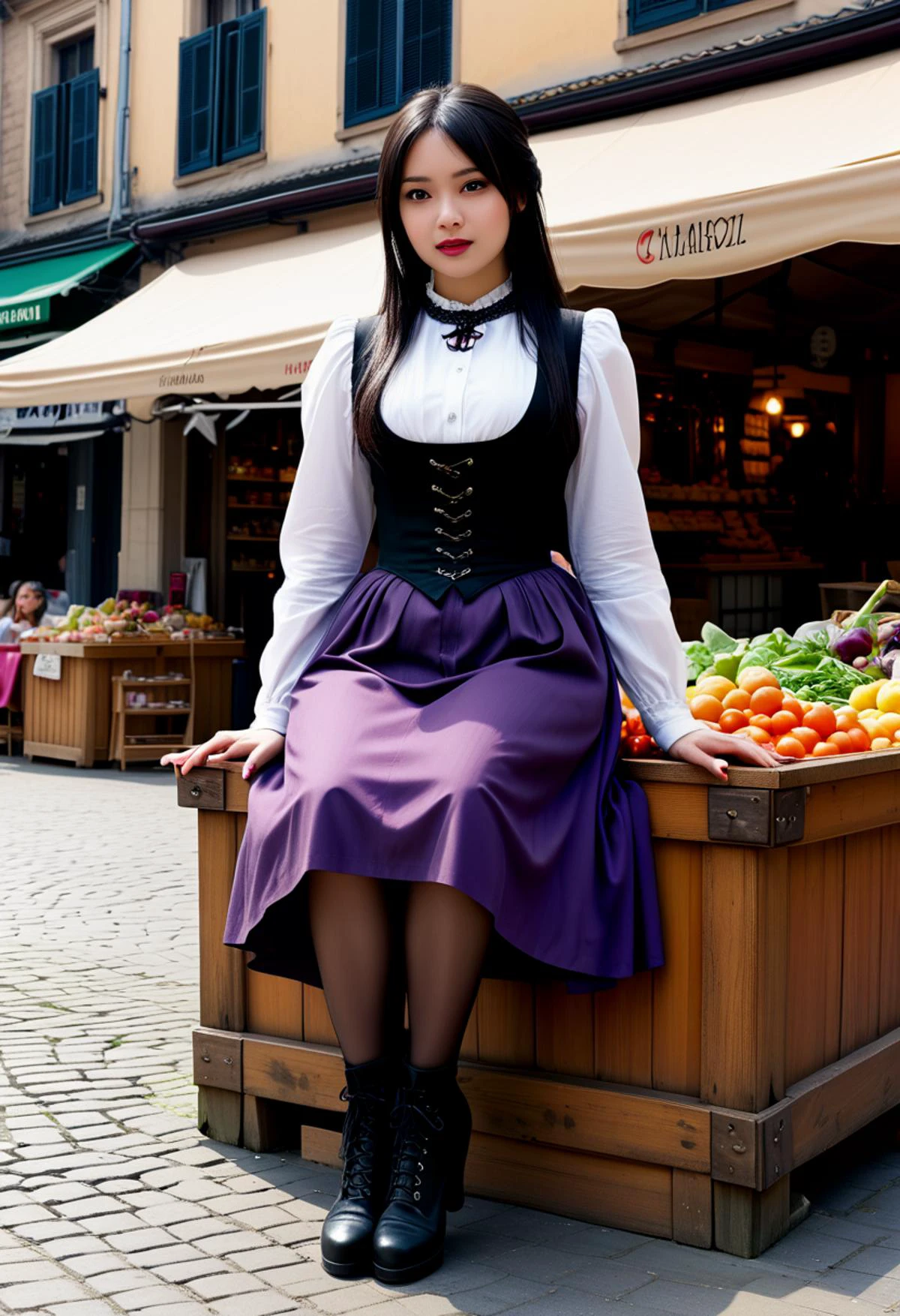 (medium full shot) of (desirable young woman:1.1) gothic maiden, thai with dark, straight hair, brown eyes, light brown skin, petite, wearing Victorian governess costume with a gray pinstripe dress, lace collar, patterned stockings, button-up boots, Deep plum lipstick, intense black eyeshadow with purple undertones, bold eyeliner, pale skin, dark nail polish, laughing, squatting, .set in medieval Market Square, Bustling plaza with colorful awnings shading market stalls, crates of fresh produce piled high, merchants haggling with customers, a fountain surrounded by benches, a vendor selling potted herbs and spices , ,Masterpiece,best quality, photorealistic, amazing quality, very aesthetic, extremely detailed face,