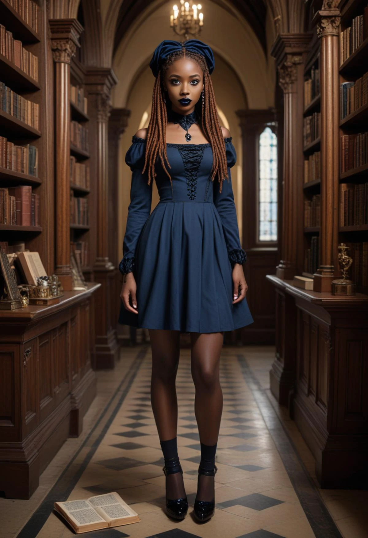 ((fashion photography)), perfect face, perfect eyes, (medium full shot) of (supermodel gothic maiden) young woman, south african, dark eyes, dark skin, dark skin, hazel eyes, normal, extra long ginger dreadlocks hair, wearing Gothic librarian outfit featuring a black dress with book print, thigh-high stockings, librarian-style heels, Dark blue lipstick, bold navy blue and black eyeshadow, intricate eyeliner design, pale skin, dark nail polish with blue shimmer, set in Cathedral Sacristy, Dimly lit chamber with tall cabinets holding ceremonial robes, polished silver candlesticks gleaming on a side table, shelves lined with ancient manuscripts, fragrant incense lingering in the air, a small altar adorned with fresh greenery , surprised, open mouth, running toward the viewer, masterpiece, best quality, photorealistic, very aesthetic