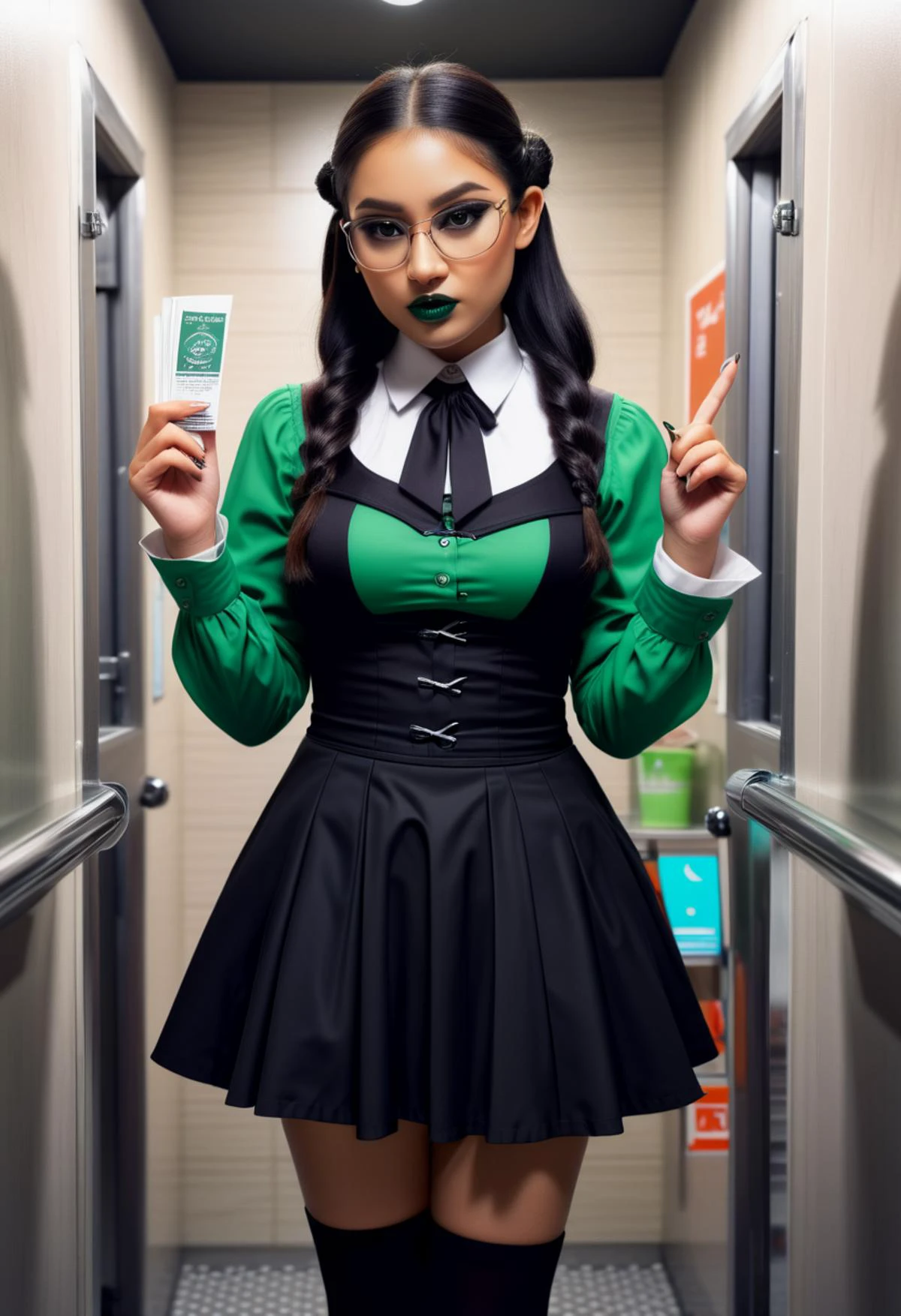 (medium full shot) of (esthetic young woman:1.1) gothic maiden, philippine with long dark hair tied in a bun, brown eyes, tan skin, medium build, wearing Gothic librarian outfit featuring a black dress with book print, thigh-high stockings, librarian-style heels, Dark green lipstick, deep green and black eyeshadow, bold eyeliner, pale foundation, dark nail polish with green shimmer, surprised, open mouth, pointing her finger at the viewer, set in public Toilet, Modern, sleek design with motion-sensor lighting, floating sinks with sleek faucets, minimalist stalls with frosted glass doors, recessed toilet paper holders, sleek trash receptacle , ,Masterpiece,best quality, photorealistic, amazing quality, very aesthetic, extremely detailed face,
