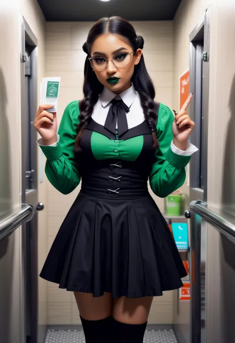 (medium full shot) of (esthetic young woman:1.1) gothic maiden, philippine with long dark hair tied in a bun, brown eyes, tan skin, medium build, wearing Gothic librarian outfit featuring a black dress with book print, thigh-high stockings, librarian-style heels, Dark green lipstick, deep green and black eyeshadow, bold eyeliner, pale foundation, dark nail polish with green shimmer, surprised, open mouth, pointing her finger at the viewer, set in public Toilet, Modern, sleek design with motion-sensor lighting, floating sinks with sleek faucets, minimalist stalls with frosted glass doors, recessed toilet paper holders, sleek trash receptacle , ,Masterpiece,best quality, photorealistic, amazing quality, very aesthetic, extremely detailed face,