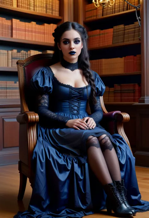 (medium full shot) of (attractive young woman:1.1) gothic maiden, indian with dark hair in a braid, brown eyes, darker skin tone, curvy, wearing Haunted maiden attire with a tattered gown, lace stockings, worn-out boots, Dark blue lipstick, bold navy blue and black eyeshadow, intricate eyeliner design, pale skin, dark nail polish with blue shimmer, surprised, open mouth, pointing her finger at the viewer, .set in ancient castle Library, Dimly lit chamber with shelves stretching from floor to ceiling, leather-bound books neatly arranged, reading nooks with plush armchairs and small tables, a mahogany study desk with a quill and parchment, a rolling ladder for accessing high shelves , at night, ,Masterpiece,best quality, photorealistic, amazing quality, very aesthetic, extremely detailed face,