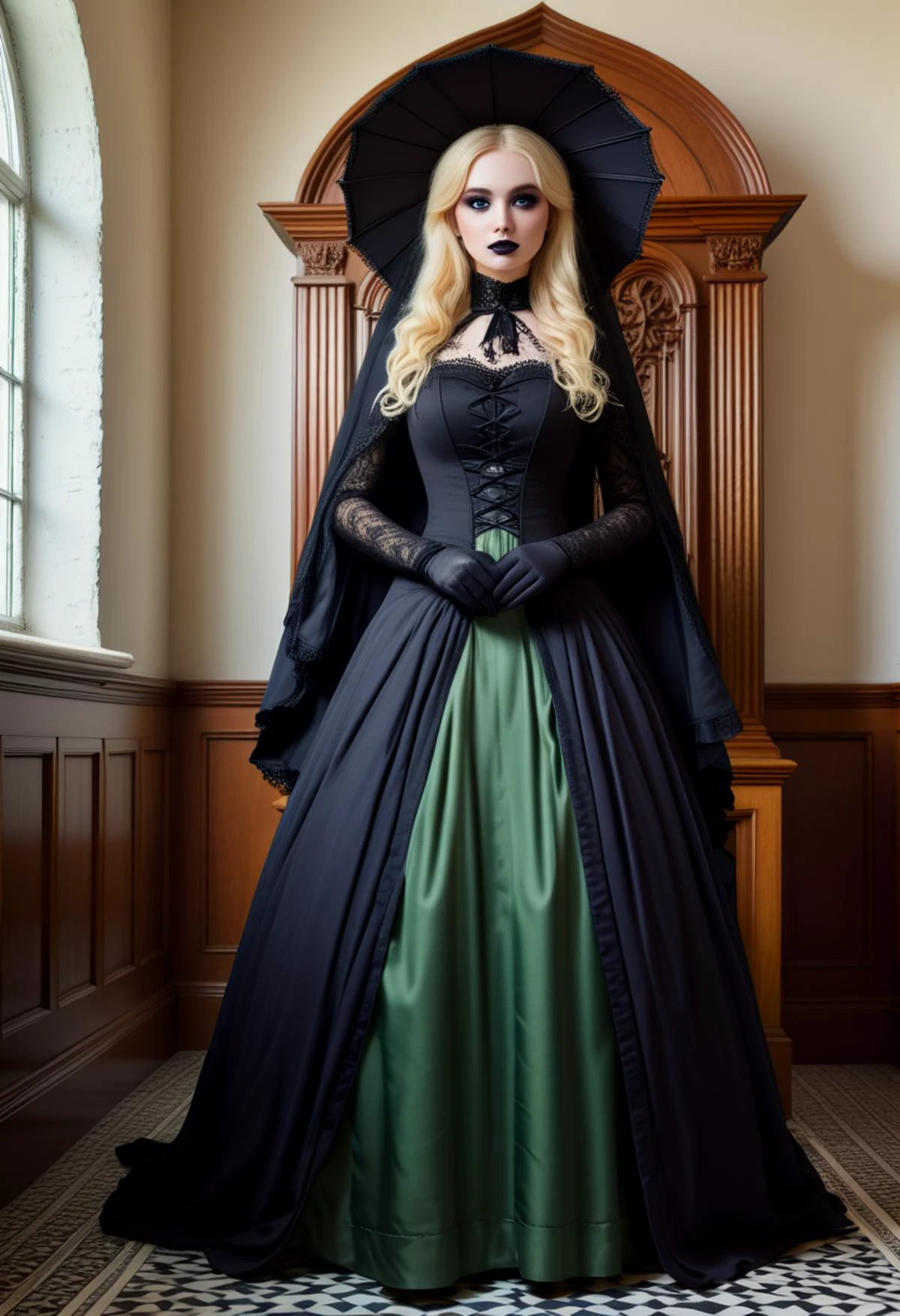 (medium full shot) of (desirable young woman:1.1) gothic maiden, russian with blonde hair, blue eyes, fair skin, tall,, wearing Victorian mourning widow costume with a black gown, veil, lace gloves, lace stockings, widow heels, Dark green lipstick, deep green and black eyeshadow, bold eyeliner, pale skin, dark nail polish with green shimmer, smiling at the viewer, .set in church Vestibule, Transitional space with tiled floors, coat hooks lining the walls, a wooden umbrella stand, a holy water font, a notice board displaying upcoming events , at sunset, ,Masterpiece,best quality, photorealistic, amazing quality, very aesthetic, extremely detailed face,