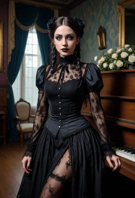 (medium full shot) of (angelic gothic maiden) young woman, brazilian, tan skin, blue eyes, slim build, long dark bob hair, wearing Victorian governess attire with a high-neck blouse, long skirt, lace stockings, button-up boots, Black lipstick with glitter, dramatic smoky eyes with glitter accents, winged eyeliner, pale skin, black nail polish with glitter, set in haunted mansion Ballroom, Eerie room with a creaky wooden floor, tattered curtains billowing in the breeze, an ornate piano draped in cobwebs, decaying floral arrangements, ghostly music echoing faintly in the air , woman smiling at the viewer, Masterpiece,best quality, photo, realistic, very aesthetic, detailed face,