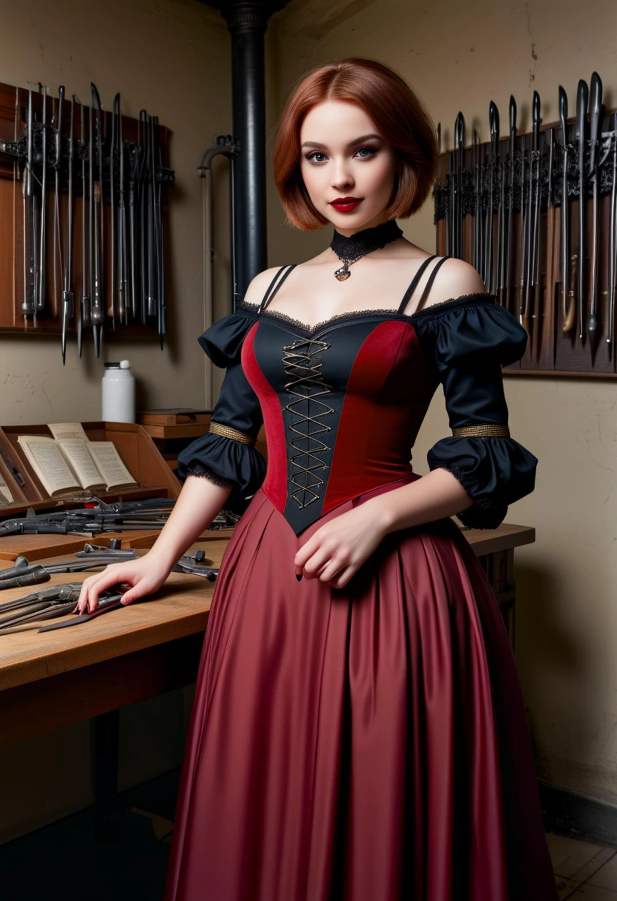 (medium full shot) of (gorgeous young woman:1.1) gothic maiden, american with straight brown hair in a bob, hazel eyes, light tan skin, athletic build, wearing Renaissance-inspired gown in burgundy velvet, bodice top, full skirt, lace stockings, leather flats, Black lipstick, smokey eyes with dark eyeshadow, winged eyeliner, pale foundation, black nail polish, smiling at the viewer, set in ancient castle Armory, Sturdy chamber lined with racks of gleaming weapons, suits of armor standing sentinel, a workbench cluttered with tools and metal scraps, banners hanging from the walls displaying heraldic symbols, a training area with straw dummies and wooden targets , ,Masterpiece,best quality, photorealistic, amazing quality, very aesthetic, extremely detailed face,