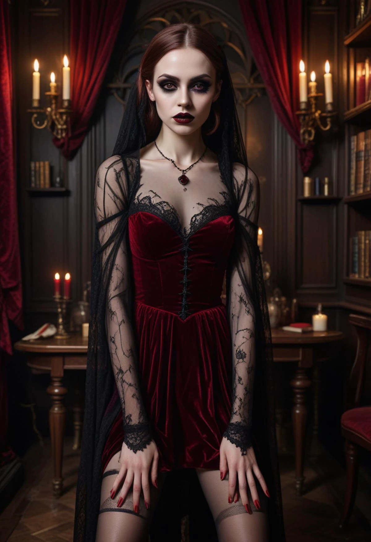 ((fashion photography)), perfect face, perfect eyes, (medium full shot) of (gorgeous gothic maiden) young woman, african, dark skin, hazel eyes, slender, short brown hair, wearing Ghostly maiden outfit with a tattered black dress, ghostly veil, sheer stockings, ballet flats, Dark crimson lipstick, dramatic red and black eyeshadow, thick eyeliner, pale skin, dark nail polish with red accents, set in gothic Bar Secret Room, Hidden chamber accessed through a concealed door, furnished with opulent red velvet drapes, a mahogany gaming table surrounded by high-backed chairs, shelves filled with arcane artifacts, candlelight flickering on the walls , at night, surprised, open mouth, pointing her finger at the viewer, masterpiece, best quality, photorealistic, very aesthetic