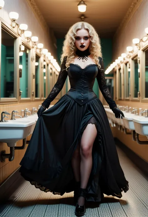 (medium full shot) of (sexy young woman:1.1) gothic maiden, french with curly blonde hair, bright green eyes, light skin, petite, wearing Victorian mourning widow costume with a black gown, veil, lace gloves, lace stockings, widow heels, Black lipstick, smokey eyes with dark eyeshadow, winged eyeliner, pale foundation, black nail polish, surprised, open mouth, running toward the viewer, set in public Toilet, Clean, well-lit space with tiled floors, rows of stalls, sinks with mirrors above, hand dryers mounted on the wall, waste bin , at sunset, ,Masterpiece,best quality, photorealistic, amazing quality, very aesthetic, extremely detailed face,