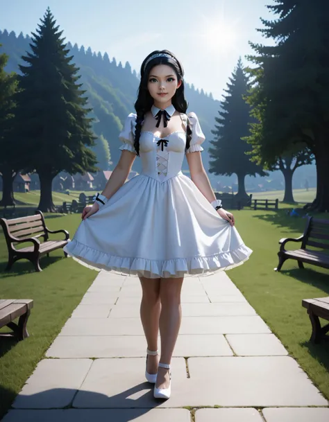 cinematic photo score_9, score_8_up, score_7_up,Wednesday (The Addams Familly), (angelic young woman:1.1) gothic girl, chinese with straight black hair, dark eyes, fair skin, petite, wearing Ethereal gothic girl outfit, white satin dress with puffed sleeves, lace stockings, ballet flats with ribbon ties, ribbon headband with bow accents,lace wrist cuffs with ribbon ties, set in medieval Town Square, Open space bustling with activity, children playing tag on the grass, a well with a bucket dangling from a rope, benches shaded by leafy trees, a patch of herbs growing near the edge, a wooden stage set up for performances , at night
,amazing quality, ultra realistic, 3D, HD, best quality, amazing quality, very aesthetic, absurdres, 35mm photograph, film, bokeh, professional, 4k, highly detailedâââ