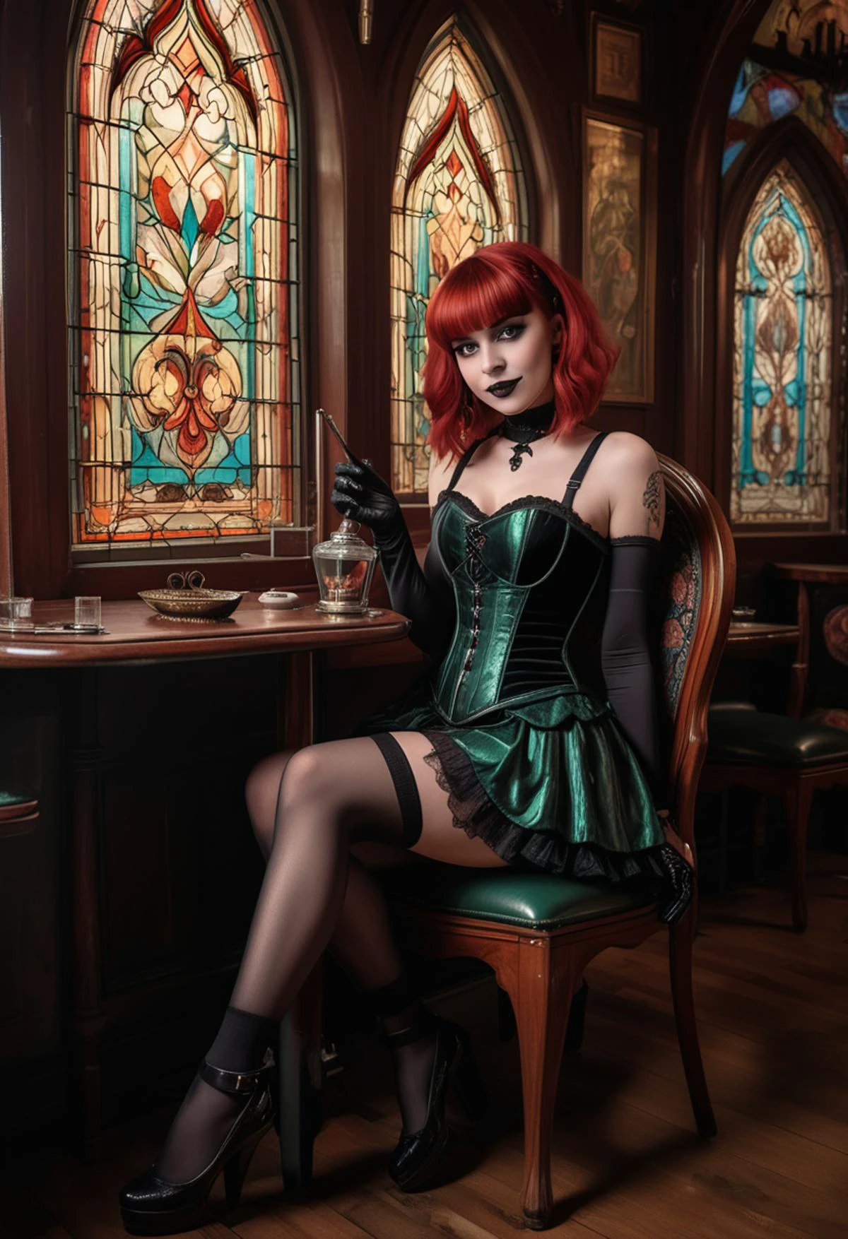 (medium full shot) of (enchanting gothic maiden) young woman, normal build, medium red curtain bangs hair, black american, dark skin, black eyes, wearing a gothic ivory corset-style top , mini skirt with gothic patterns, patterned stockings, ballet flats, Dark green lipstick, dark nail polish with dark green shimmer, leather gloves carrying a vintage handbag, set in gothic Bar Smoking Section, Mysterious alcove with heavy velvet curtains, vintage leather armchairs, ornamental ashtrays on dark wooden tables, stained glass windows casting colorful patterns, a faint scent of incense lingering in the air , at sunset, woman smiling, ,Masterpiece,best quality, raw photo, realistic, very aesthetic