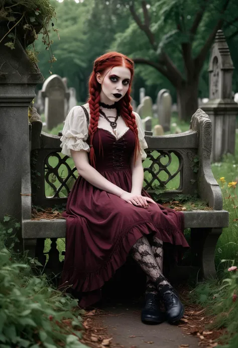 (medium full shot) of (dramatic gothic maiden) young woman, Medium build, long red double braids hair, british, fair skin, brown eyes, wearing a dark Medieval-inspired burgundy halter dress , lace stockings, ballet flats, Dark burgundy lipstick, lace shawl carrying a studed crossbody bag, set in ancient cemetery, Forgotten Gravesite, Moss-covered tombstones tilted at odd angles, wildflowers peeking through the tangled grass, a rusted wrought iron bench overgrown with vines, the distant hoot of an owl echoing through the silent air , at night, woman smiling, ,Masterpiece,best quality, raw photo, realistic, very aesthetic