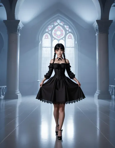 cinematic photo score_9, score_8_up, score_7_up,Wednesday (The Addams Familly), (gorgeous young woman:1.1) gothic girl, korean with black hime cut hair, dark brown eyes, pale skin, curvy, wearing Off-the-shoulder lace top with bell sleeves, lace petticoat with ribbon accents, lace parasol, ballet flats with ribbon ties, lace shawl with scalloped edges, set in haunted mansion Basement, Damp chamber with stone walls oozing moisture, rusted chains hanging from the ceiling, discarded torture devices gathering rust, eerie whispers echoing in the darkness, gnarled roots breaking through the floor , at sunset
,amazing quality, ultra realistic, 3D, HD, best quality, amazing quality, very aesthetic, absurdres, 35mm photograph, film, bokeh, professional, 4k, highly detailedâââ