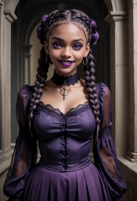 (medium full shot) of (ethereal gothic maiden) young woman, lithe build, long dark french braid hair, south african, dark skin, hazel eyes, wearing a dark Renaissance-inspired dark purple sheer blouse with lace sleeves, high-waisted skirt, patterned stockings, block heels with dark accents, Deep plum lipstick, intense black eyeshadow with purple undertones, gothic rings lace choker, set in a cursed mansion, with dark corridors, haunted artifacts, eerie lighting, spooky sounds, and ghostly apparitions , woman smiling, detailed face, ,Masterpiece,best quality, photo, realistic, very aesthetic,