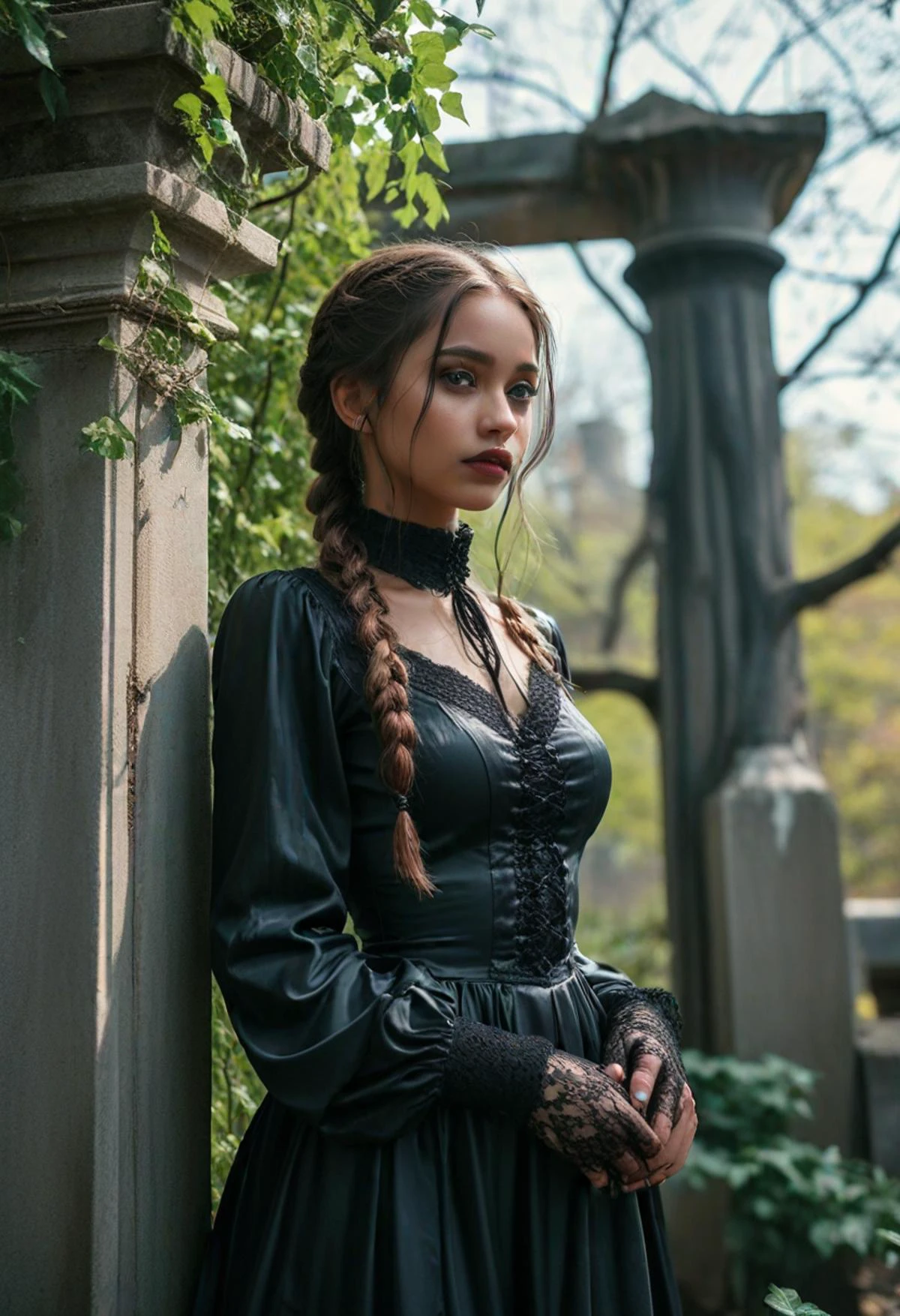 (medium full shot) of (dark gothic maiden) young woman, petite build, long brown dutch braid hair, south african, dark skin, brown eyes, wearing a dark edwardian black satin blouse with gothic details, wide-leg trousers , striped stockings, block heels with dark accents, Dark burgundy lipstick, lace gloves silk scarf, set in Ancient Cemetery Entrance, Weathered stone pillars flank a wrought iron gate, ivy clinging to its bars, a winding path disappearing into the overgrown foliage, the distant sound of crows cawing , woman smiling, ,Masterpiece,best quality, photo, realistic, very aesthetic