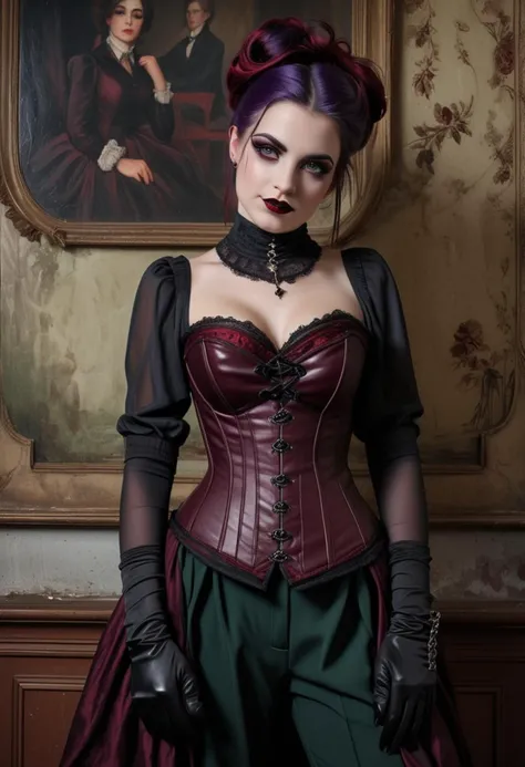 (medium full shot) of (brooding gothic maiden) young woman, voluptuous build, short dark half-up half-down hair, italian, tan skin, dark green eyes, wearing a dark victorian dark purple tailored corset , tailored trousers , sheer stockings, ballet flats, Dark crimson lipstick, dramatic red and black eyeshadow, dark nail polish with red accents, gothic rings leather gloves, set in a decaying mansion, with broken windows, dusty furniture, faded tapestries, shadowy corners, and abandoned rooms , woman smiling, ,Masterpiece,best quality, raw photo, realistic, very aesthetic