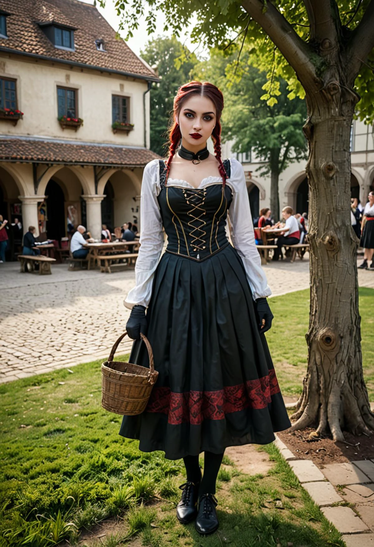 (medium full shot) of (enchanting gothic maiden) young woman, Medium build, short hazel ponytail hair, arabian, mocha skin, olive green eyes, wearing a gothic black casual bodice with dark prints, maxi skirt with gothic patterns, striped stockings, ballet flats, Dark crimson lipstick, dramatic red and black eyeshadow, dark nail polish with red accents, carrying a vintage handbag leather gloves, set in medieval Town Square, Open space bustling with activity, people playing tag on the grass, a well with a bucket dangling from a rope, benches shaded by leafy trees, a patch of herbs growing near the edge, a wooden stage set up for performances , at sunset, woman smiling, ,Masterpiece,best quality, photo, realistic, very aesthetic, detailed face,