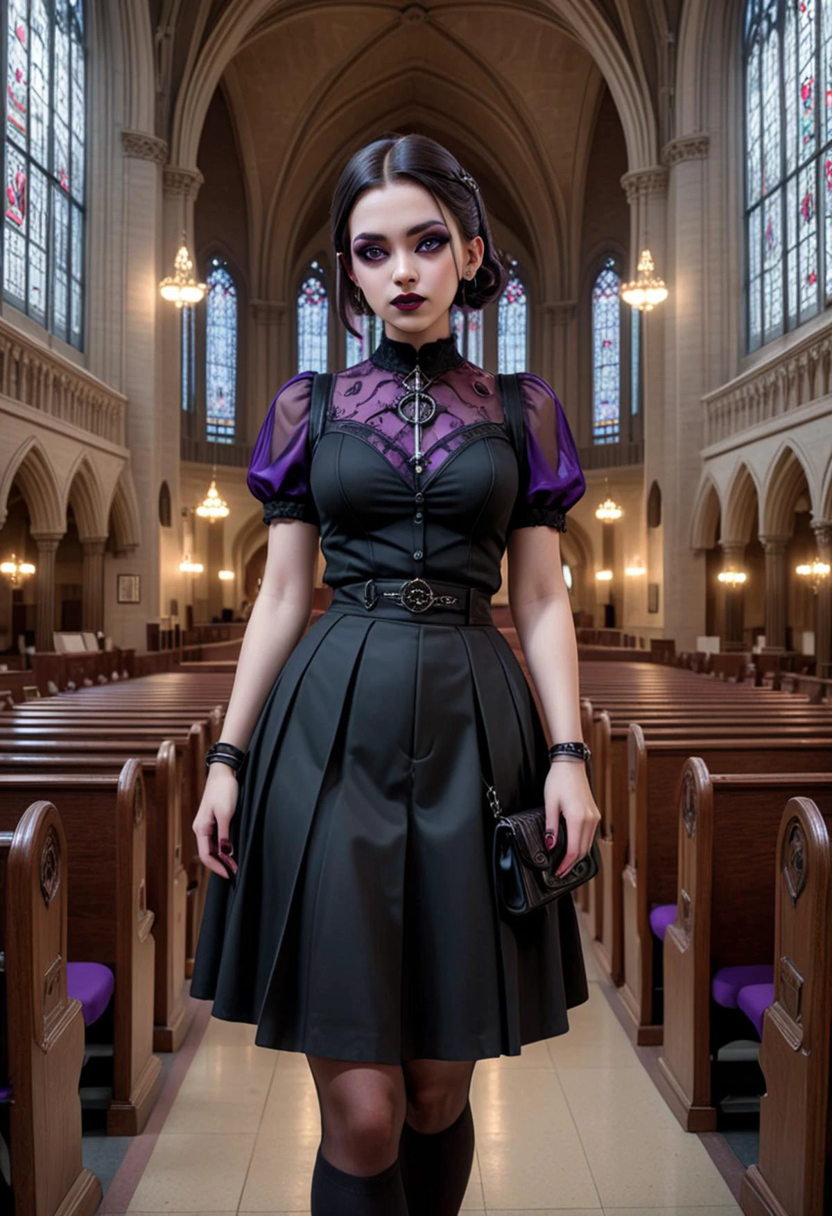 (medium full shot) of (haunting gothic maiden) young woman, Medium build, medium brown low bun hair, philippine, tan skin, hazel eyes, wearing a gothic black sheer blouse , pencil skirt with dark elements, sheer stockings, loafers with gothic design , Deep plum lipstick, intense black eyeshadow with purple undertones, carrying a studed crossbody bag gothic rings, set in church Nave, Grand central hall adorned with intricate stained glass windows, rows of wooden pews, a towering altar draped in rich fabrics, flickering candle stands, a majestic pipe organ , woman smiling, detailed face, ,Masterpiece,best quality, photo, realistic, very aesthetic,