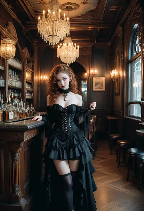 (medium full shot) of (ethereal gothic maiden) young woman, tiny build, long ginger curly down hair, chinese, pale skin, light brown eyes, wearing a dark edwardian black jeweled corset , pleated skirt with gothic patterns, sheer stockings, gothic boots, Dark blue lipstick, bold navy blue and black eyeshadow, dark nail polish with blue shimmer, velvet wrap gothic rings, set in gothic Bar main Area, Dimly lit space with worn wooden floors, ornate Victorian-style bar with brass accents, velvet-upholstered bar stools, antique chandeliers hanging from the ceiling, vintage paintings adorning the walls , at night, woman smiling, ,Masterpiece,best quality, photo, realistic, very aesthetic