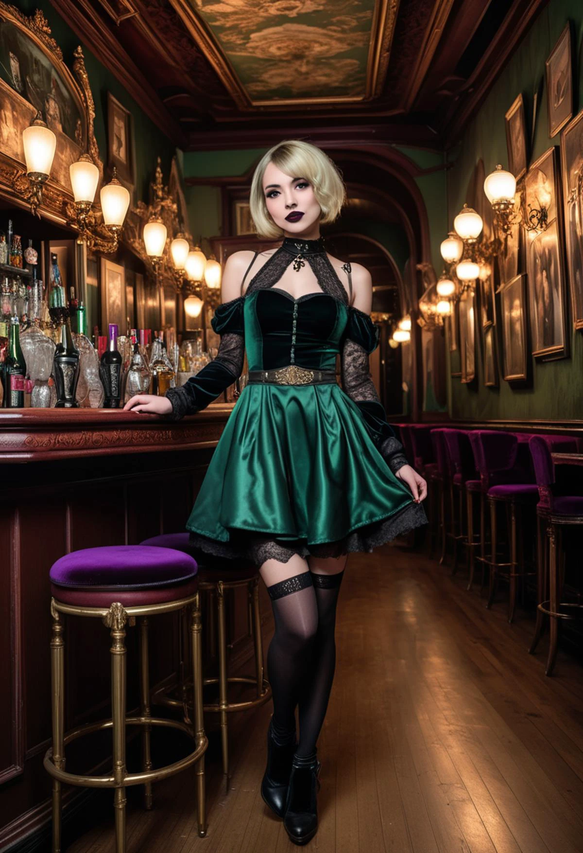 (medium full shot) of (striking gothic maiden) young woman, slim build, short blonde bob cut hair, chinese, tan skin, brown eyes, wearing a dark victorian emerald green satin gothic dress with dark detailing , knee-high stockings, gothic boots, Deep plum lipstick, intense black eyeshadow with purple undertones, lace choker carrying a studed crossbody bag, set in gothic Bar main Area, Dimly lit space with worn wooden floors, ornate Victorian-style bar with brass accents, velvet-upholstered bar stools, antique chandeliers hanging from the ceiling, vintage paintings adorning the walls , at night, woman smiling, ,Masterpiece,best quality, raw photo, realistic, very aesthetic