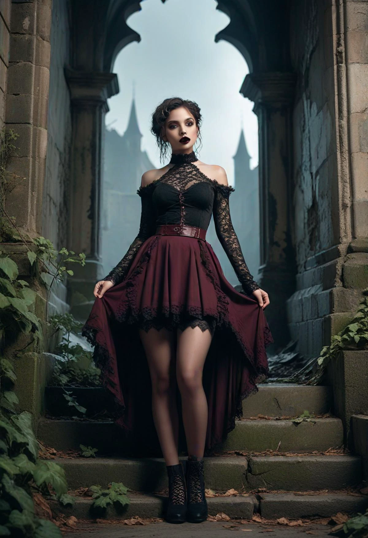 (medium full shot) of (haunting gothic maiden) young woman, full-figured build, short dark updo hair, black american, dark skin, light brown eyes, wearing a dark victorian burgundy fitted top , mini skirt with gothic patterns, lace-trimmed stockings, platform heels, Dark burgundy lipstick, carrying a leather clutch lace choker, set in a ruined castle, overgrown with ivy, with broken stone, darkened halls, and the echoes of the past , at night, woman smiling, ,Masterpiece,best quality, photo, realistic, very aesthetic