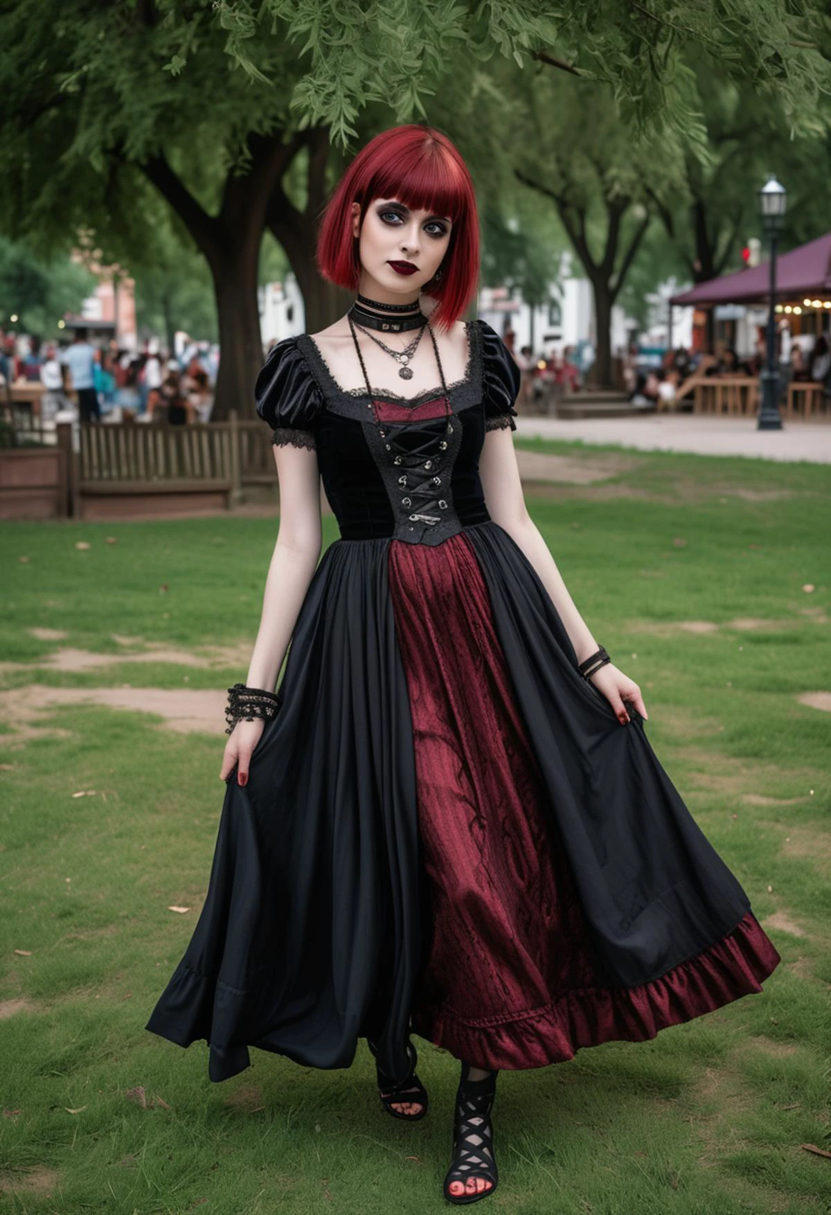 (medium full shot) of (enchanting gothic maiden) young woman, Medium build, short red straight bangs hair, indian, mahogany skin, olive green eyes, wearing a dark victorian silver casual gown with intricate patterns , striped stockings, strappy sandals, Dark crimson lipstick, dramatic red and black eyeshadow, dark nail polish with red accents, lace choker gothic rings, set in medieval Town Square, Open space bustling with activity, people playing tag on the grass, a well with a bucket dangling from a rope, benches shaded by leafy trees, a patch of herbs growing near the edge, a wooden stage set up for performances , at night, woman smiling, ,Masterpiece,best quality, raw photo, realistic, very aesthetic