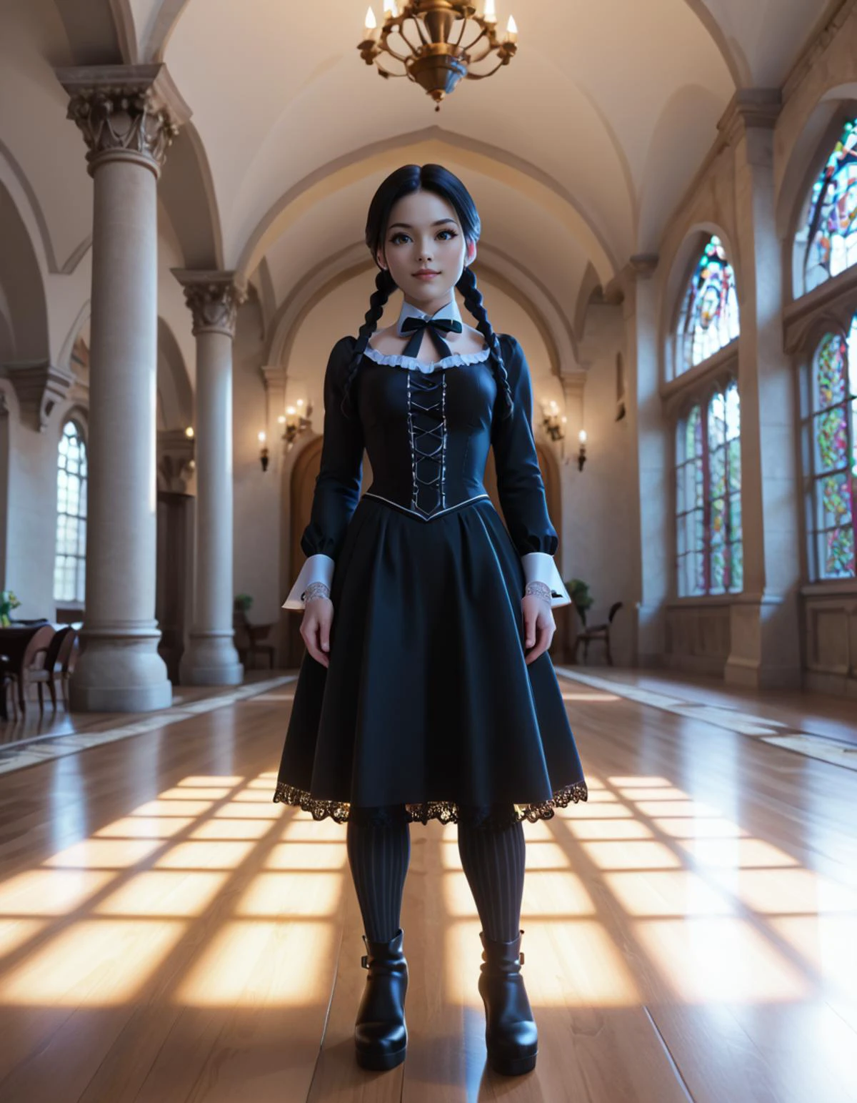 cinematic photo score_9, score_8_up, score_7_up,Wednesday (The Addams Familly), (gorgeous young woman:1.1) gothic girl, chinese with straight black hair, dark eyes, fair skin, petite, wearing Victorian-inspired costume with a high-neck lace blouse, tiered skirt, striped stockings, lace-up boots, lace wrist cuffs with ribbon ties,lace shawl with scalloped edges, set in Cathedral Chapter House, Circular chamber with a central stone pillar, wooden benches encircling the room, a mosaic floor depicting intricate geometric patterns, a tranquil fountain bubbling in the center, potted ferns adding a touch of greenery
,amazing quality, ultra realistic, 3D, HD, best quality, amazing quality, very aesthetic, absurdres, 35mm photograph, film, bokeh, professional, 4k, highly detailedâââ