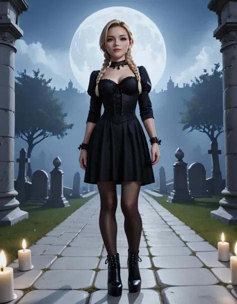 cinematic photo score_9, score_8_up, score_7_up,Wednesday (The Addams Familly), (esthetic young woman:1.1) gothic girl, swedish with blonde hair in a braid, blue eyes, fair skin, slender, wearing Haunting gothic girl attire with a black dress featuring spiderweb lace, fishnet stockings, studded ankle boots, lace wrist cuffs with ribbon ties,lace choker adorned with a cameo pendant, set in ancient cemetery Mausoleum, Shadowy chamber with crumbling stone walls adorned with cobwebs, marble sarcophagi standing sentinel, flickering candlelight casting eerie shadows, a musty scent of decay lingering in the air , at night
,amazing quality, ultra realistic, 3D, HD, best quality, amazing quality, very aesthetic, absurdres, 35mm photograph, film, bokeh, professional, 4k, highly detailedâââ