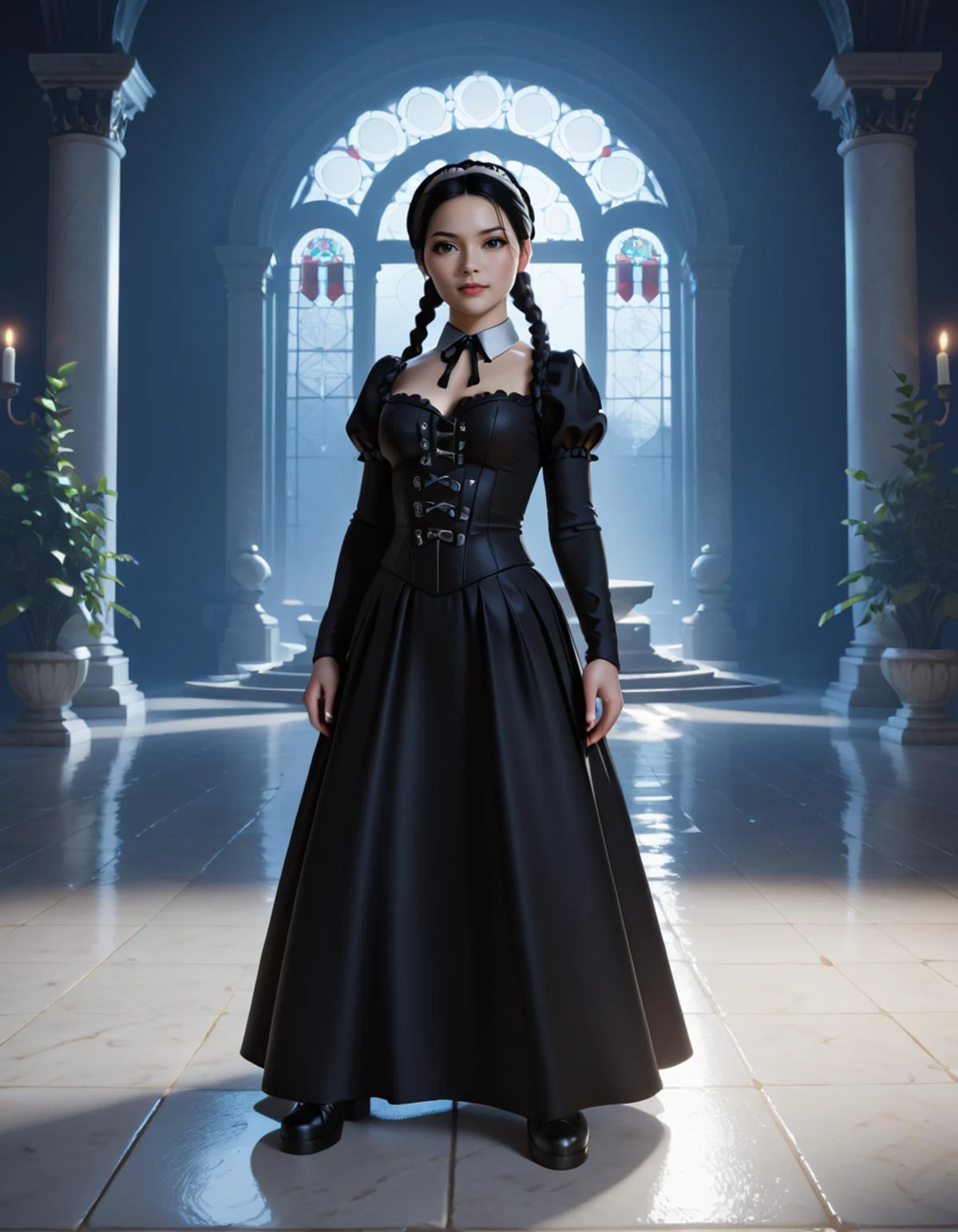 cinematic photo score_9, score_8_up, score_7_up,Wednesday (The Addams Familly), (sexy young woman:1.1) gothic girl, mexican with dark hair, brown eyes, medium skin tone, medium build, wearing Macabre gothic girl attire with a black tulle dress adorned with skulls, striped stockings, combat boots, ribbon headband with bow accents, set in haunted mansion Conservatory, Haunting room with shattered glass panes, wilted plants drooping in neglected pots, rusted gardening tools scattered on the floor, an ancient fountain choked with moss, a lingering scent of decay
,amazing quality, ultra realistic, 3D, HD, best quality, amazing quality, very aesthetic, absurdres, 35mm photograph, film, bokeh, professional, 4k, highly detailedâââ