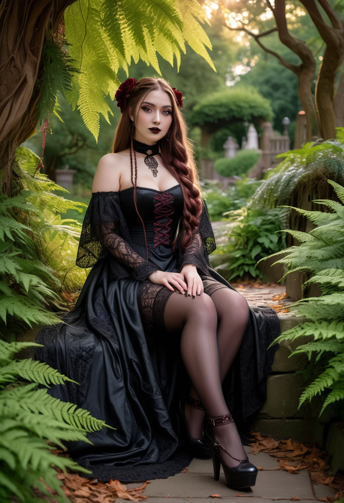 (medium full shot) of (haunting gothic maiden) young woman, voluptuous build, long brown double braids hair, japanese, tan skin, light brown eyes, wearing a dark Renaissance-inspired black gothic gown , patterned stockings, platform heels, Dark burgundy lipstick, lace choker lace shawl, set in Arboretum Pathway, Canopied pathway lined with towering trees, dappled sunlight filtering through the leaves, wooden benches nestled among clusters of ferns and ivy, the gentle sound of a nearby stream trickling over rocks , at sunset, woman smiling, ,Masterpiece,best quality, raw photo, realistic, very aesthetic